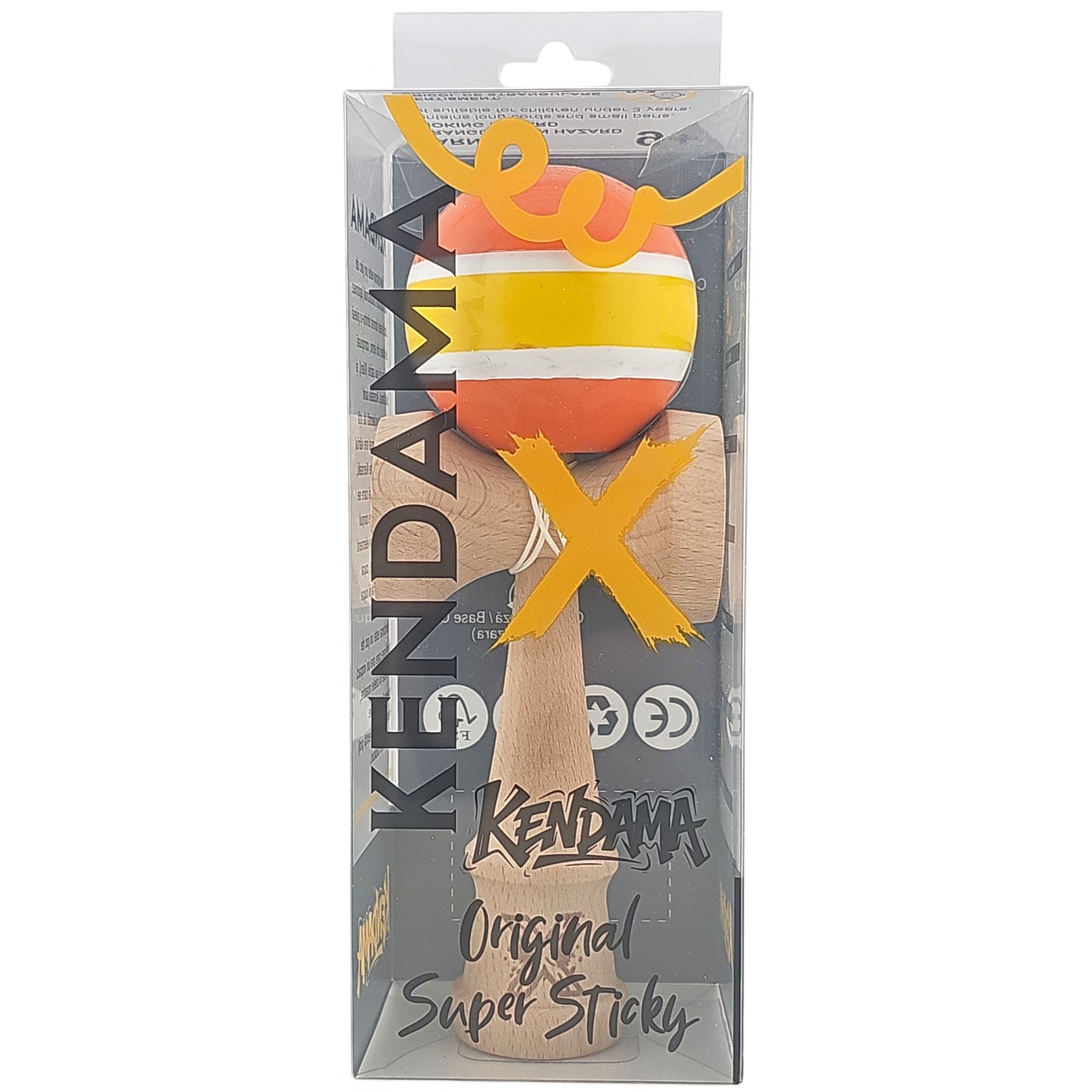 Kendama X Originala, Profesionala, Flippy, Super Sticky din Lemn, 18 cm, Portocaliu/Galben/Alb