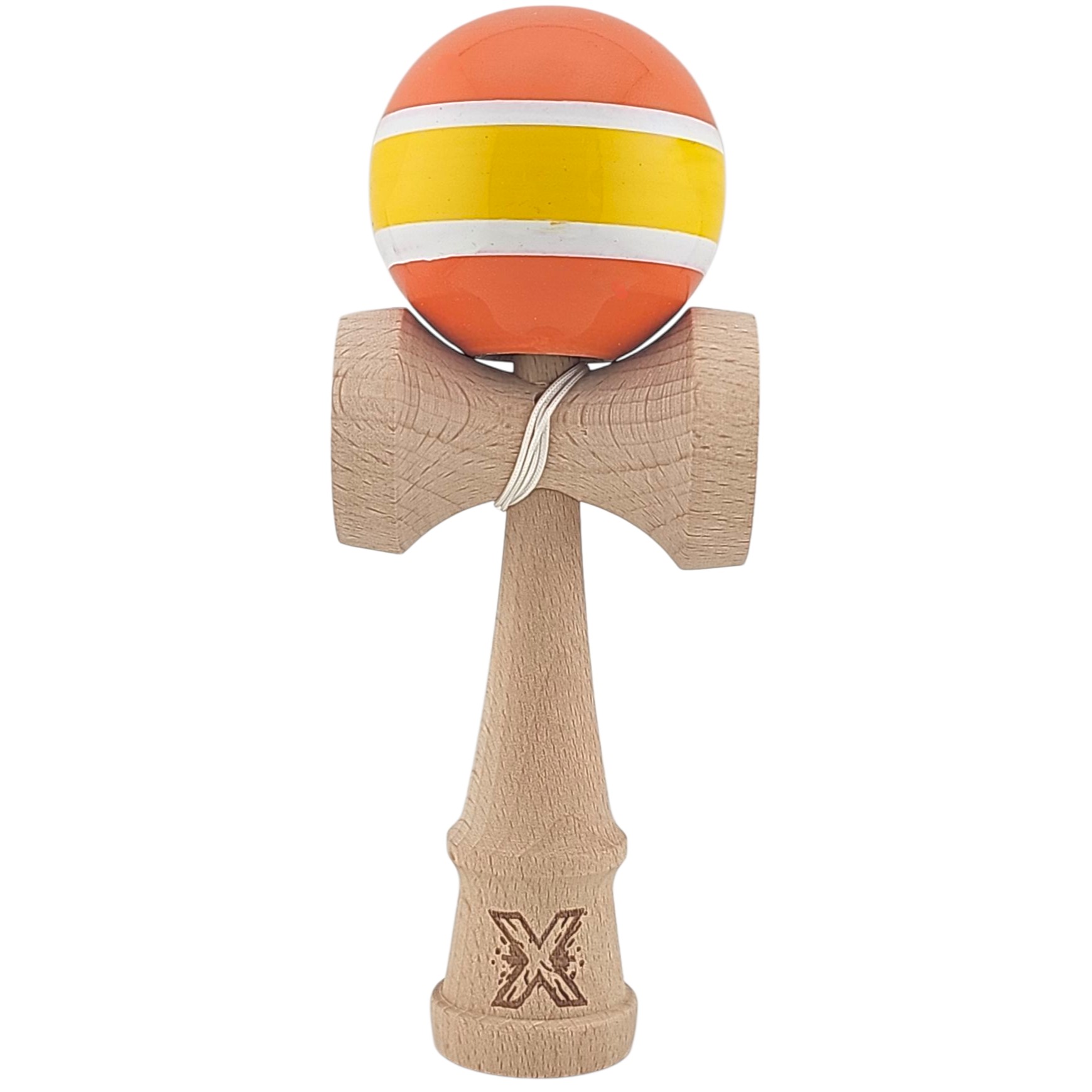 Kendama X Originala, Profesionala, Flippy, Super Sticky din Lemn, 18 cm, Portocaliu/Galben/Alb