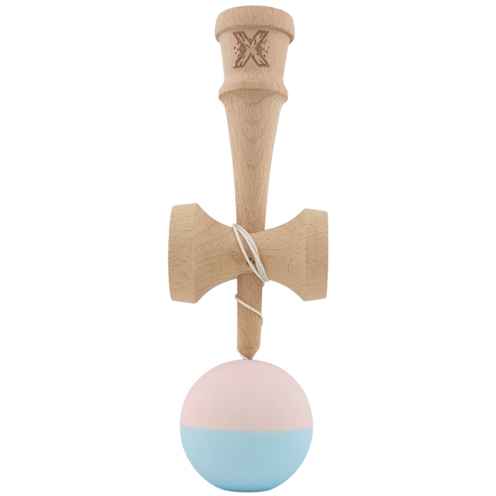 Kendama X Originala, Profesionala,  Flippy, din lemn, Rubber Grip, 18 cm, Roz/Albastru