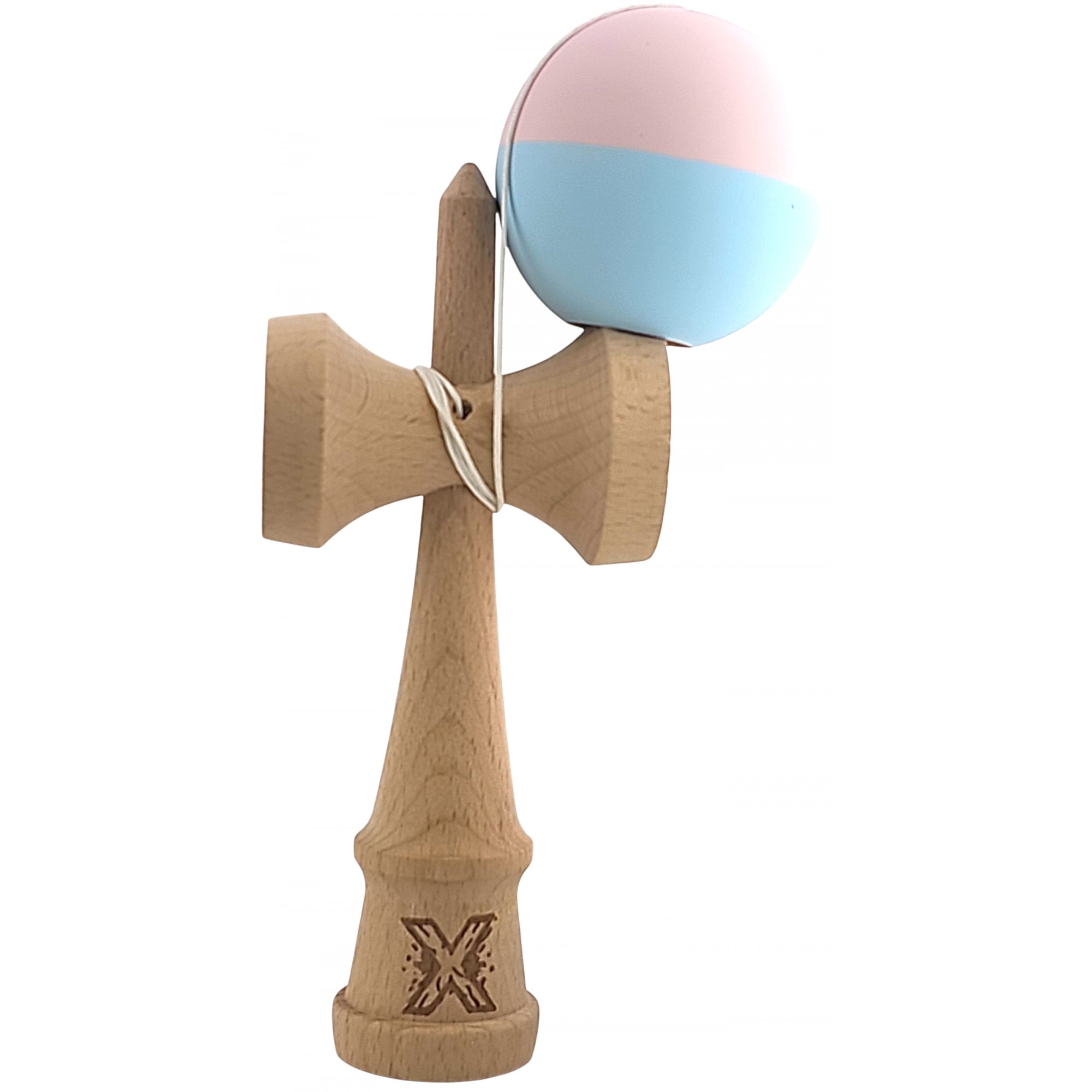 Kendama X Originala, Profesionala,  Flippy, din lemn, Rubber Grip, 18 cm, Roz/Albastru