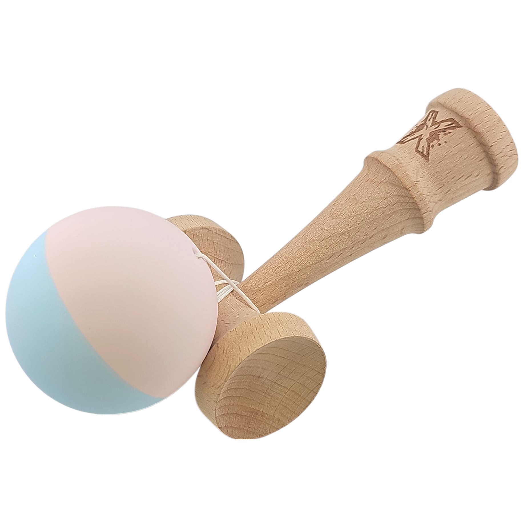 Kendama X Originala, Profesionala,  Flippy, din lemn, Rubber Grip, 18 cm, Roz/Albastru