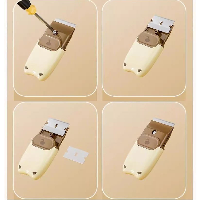 Mini Racleta de Curatare, Flippy, pentru Etichete, Adezivi, din ABS+ Metal, 2 Lame Incluse, Maro