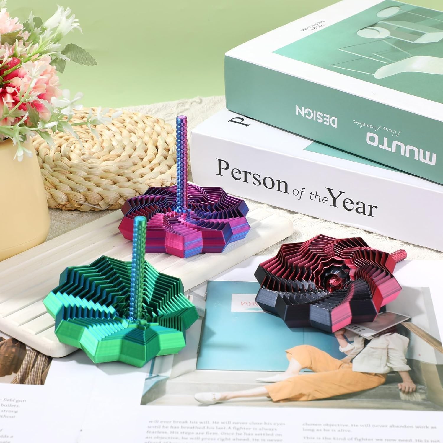 Jucarie Decompresie, Flippy, Model Stea 3D, DuoChrome, Maner Spirala, Turn Magic Geometric, Multiple Forme, Anti-stress, 17 cm, Verde/Albastru