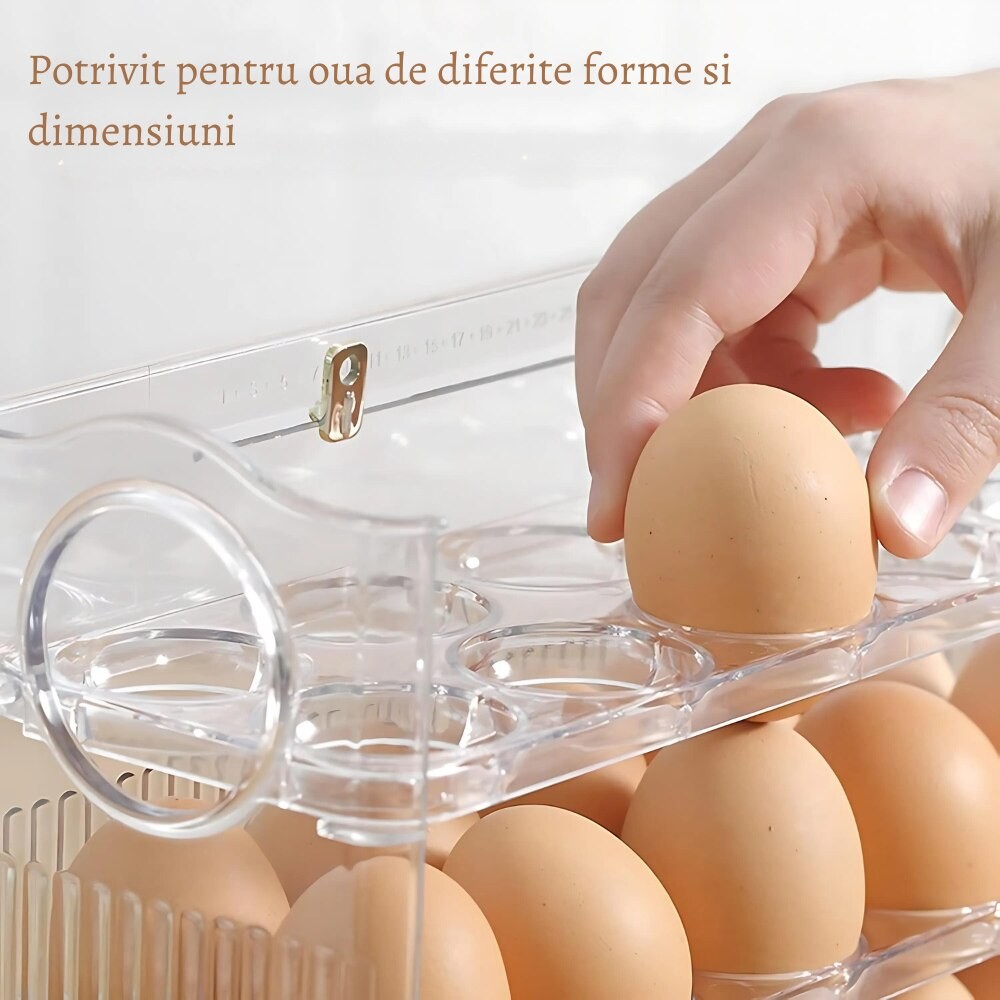 Suport Organizator pentru Oua, Flippy, Capacitate 30 Oua, Pentru Usa Frigiderului, 3 Straturi, din Plastic, Transparent
