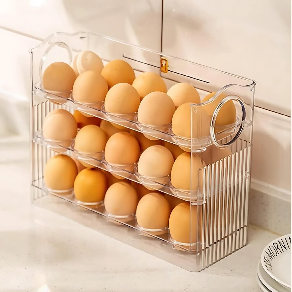 Suport Organizator pentru Oua, Flippy, Capacitate 30 Oua, Pentru Usa Frigiderului, 3 Straturi, din Plastic, Transparent