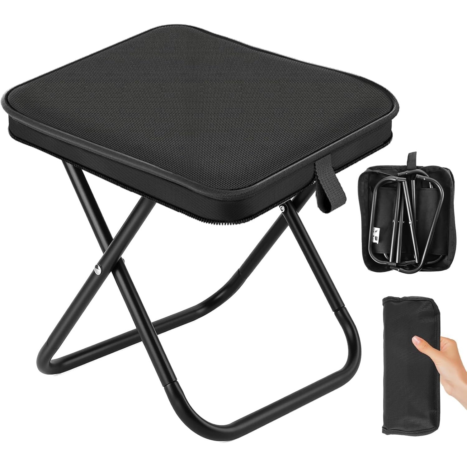 Scaun Pliabil, Flippy, pentru Adulti, Portabil, pentru Camping, Pescuit, din Panza Oxford si Cadru Metalic, 24 x 24 x 28 cm, Negru