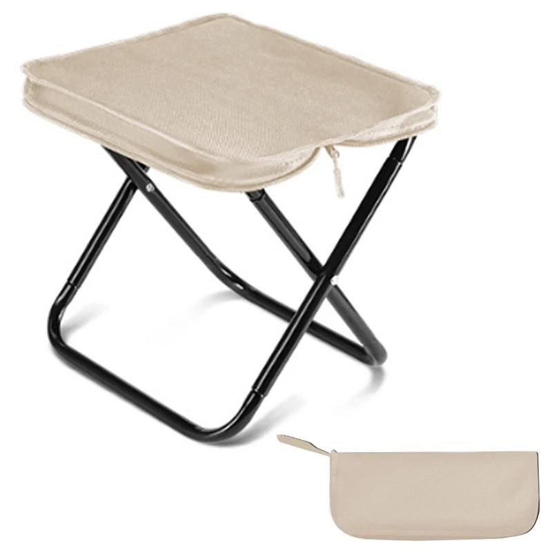 Scaun Pliabil, Flippy, pentru Adulti, Portabil, pentru Camping, Pescuit, din Panza Oxford si Cadru Metalic, 24 x 24 x 28 cm, Negru/Bej