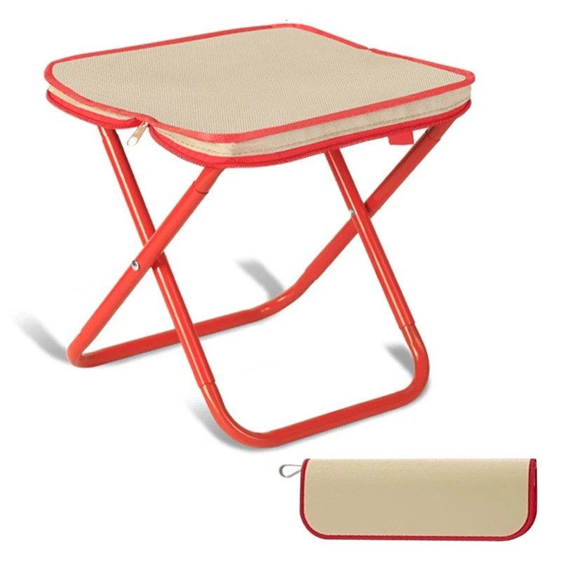 Scaun Pliabil, Flippy, pentru Adulti, Portabil, pentru Camping, Pescuit, din Panza Oxford si Cadru Metalic, 24 x 24 x 28 cm, Rosu/Bej