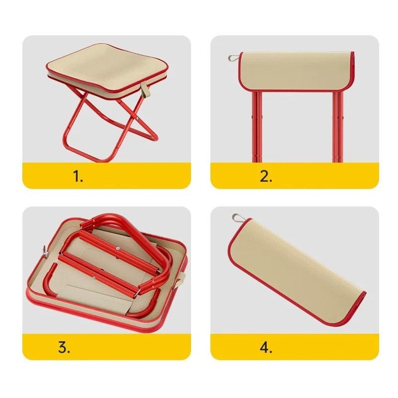 Scaun Pliabil, Flippy, pentru Adulti, Portabil, pentru Camping, Pescuit, din Panza Oxford si Cadru Metalic, 24 x 24 x 28 cm, Rosu/Bej