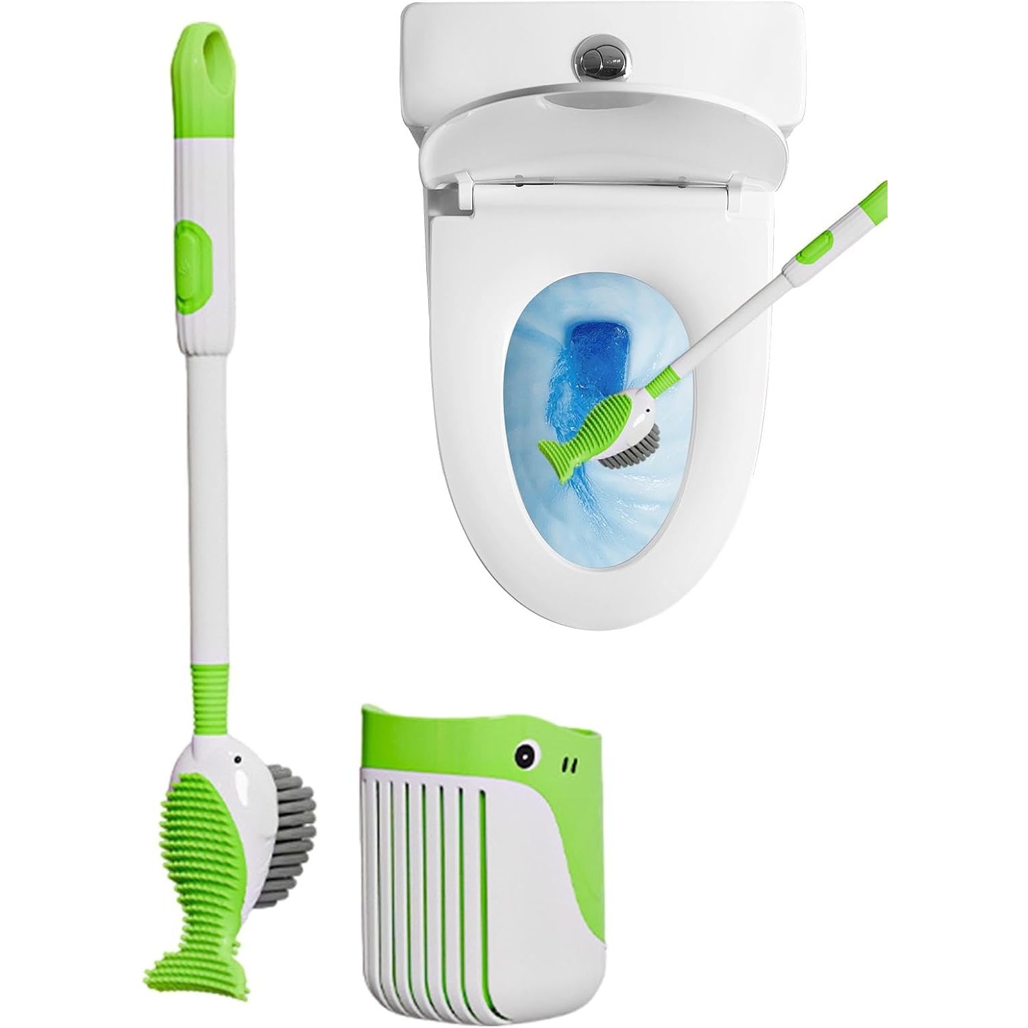 Perie de Toaleta, Flippy, cu Suport de Perete, Recipient Detergent, 2 Tipuri de Perii, Model Balena, Verde