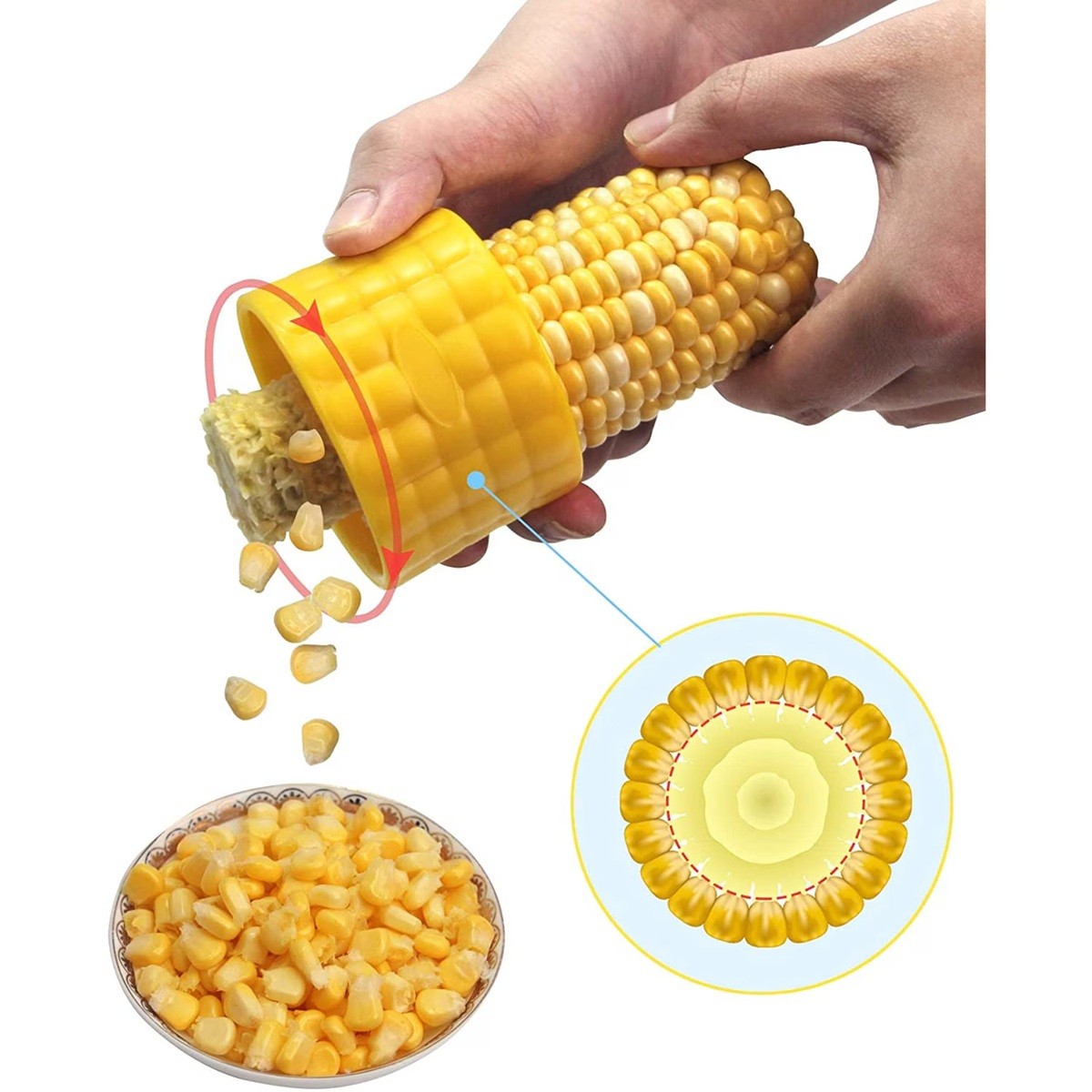 Ustensila pentru Curatare Porumb, Flippy, Diametru 3.6 cm, din Plastic si Otel Inoxidabil, Galben