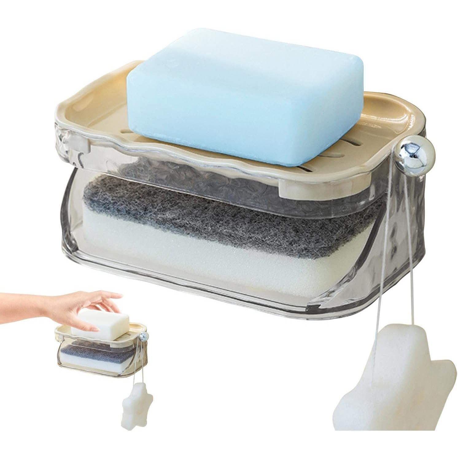 Savoniera Dubla, Flippy, 2 Straturi, Instalare fara Perforare, Agatatoare Burete, 13.5 x 8.5 x 6 cm, Bej