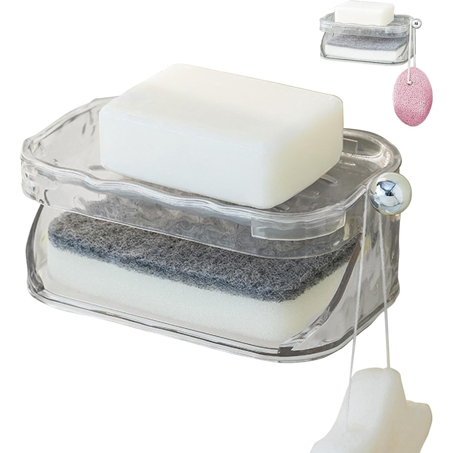 Savoniera Dubla, Flippy, 2 Straturi, Instalare fara Perforare, Agatatoare Burete, 13.5 x 8.5 x 6 cm, Transparent