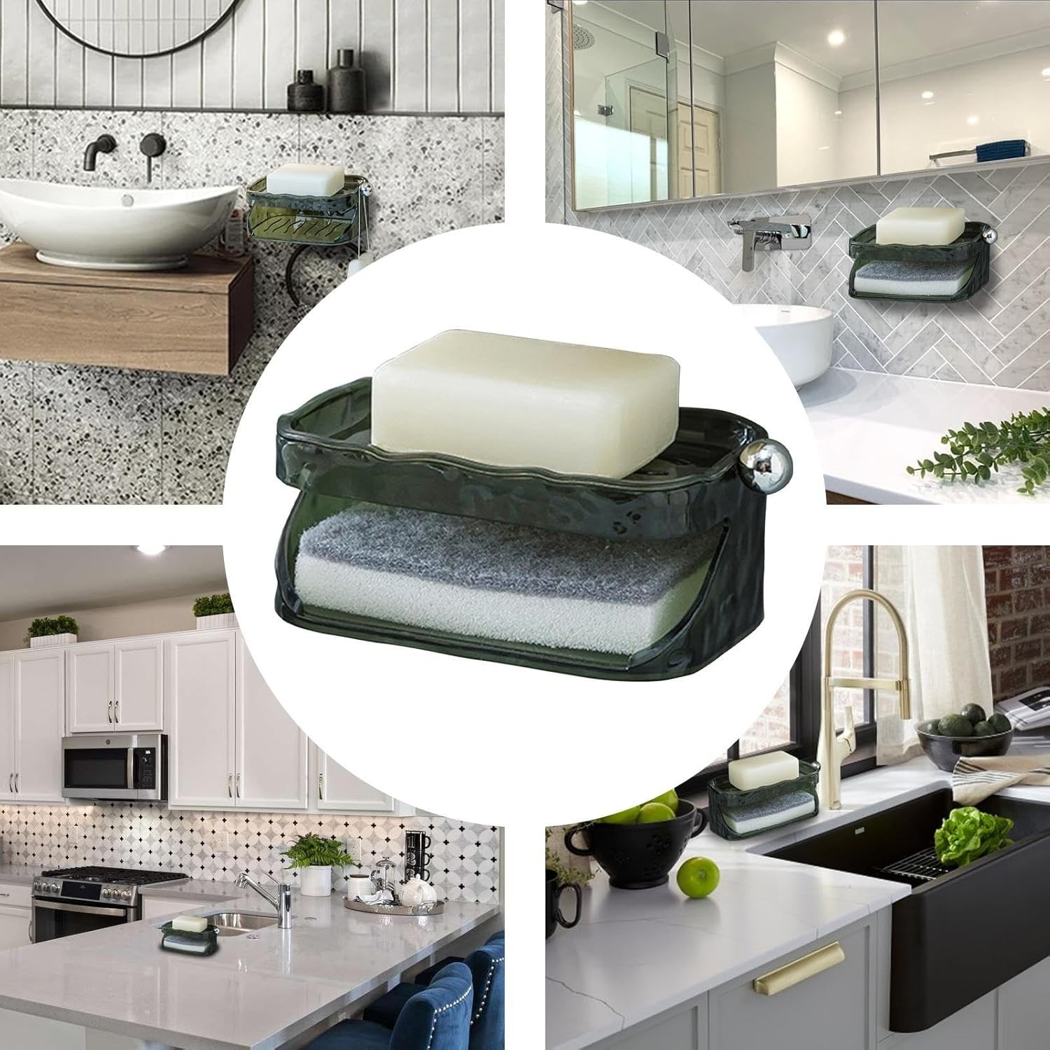 Savoniera Dubla, Flippy, 2 Straturi, Instalare fara Perforare, Agatatoare Burete, 13.5 x 8.5 x 6 cm, Verde Inchis