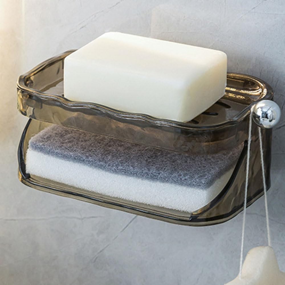 Savoniera Dubla, Flippy, 2 Straturi, Instalare fara Perforare, Agatatoare Burete, 13.5 x 8.5 x 6 cm, Gri