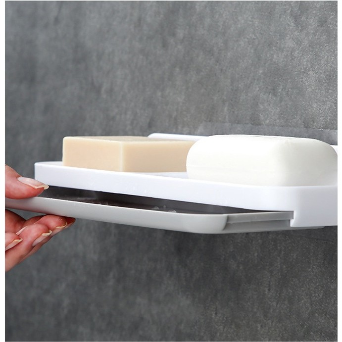 Savoniera Dubla, Flippy, de Perete, cu Compartiment de Scurgere, Montare prin Lipire, 26 x 8 x 4 cm, Alb/Gri