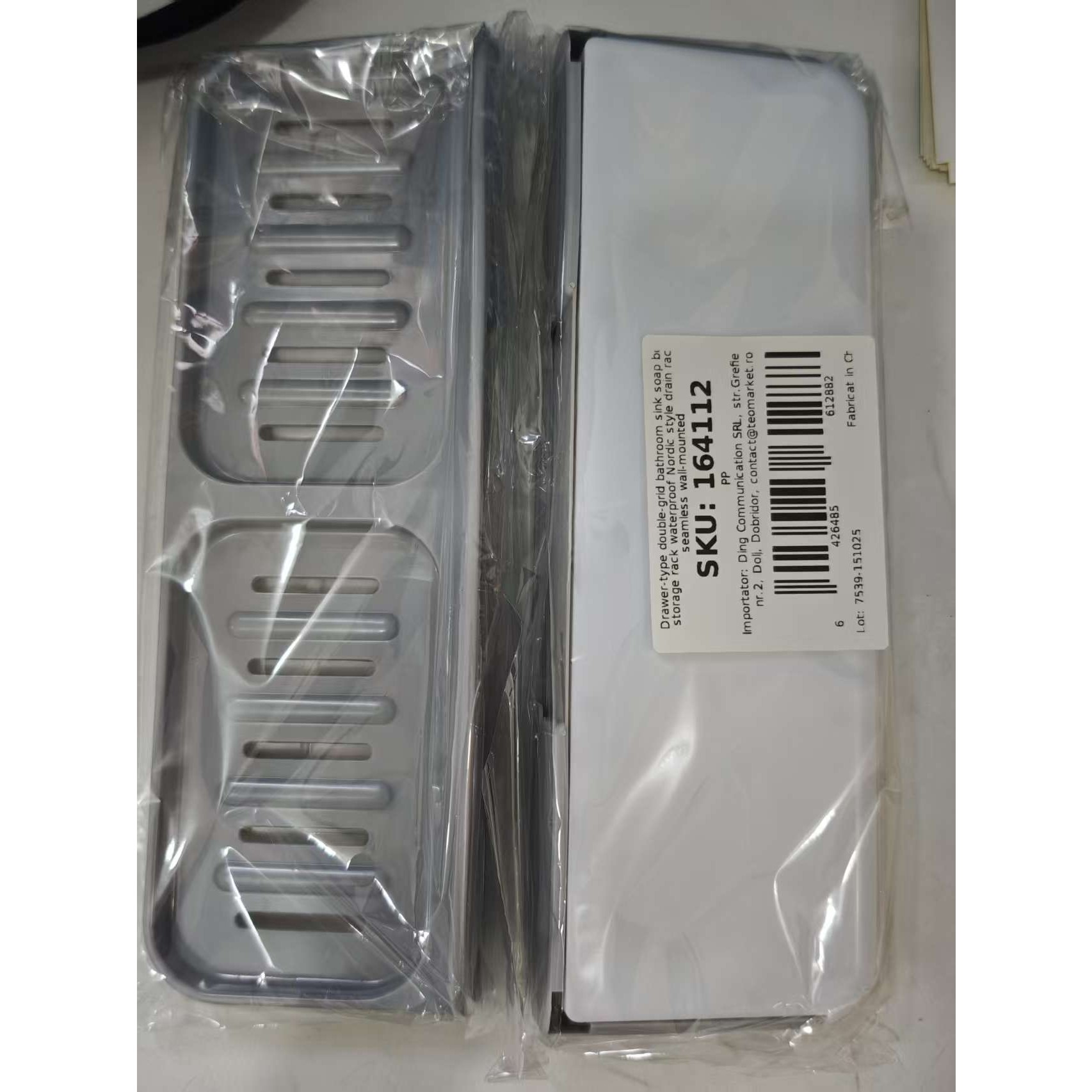 Savoniera Dubla, Flippy, de Perete, cu Compartiment de Scurgere, Montare prin Lipire, 26 x 8 x 4 cm, Gri/Alb