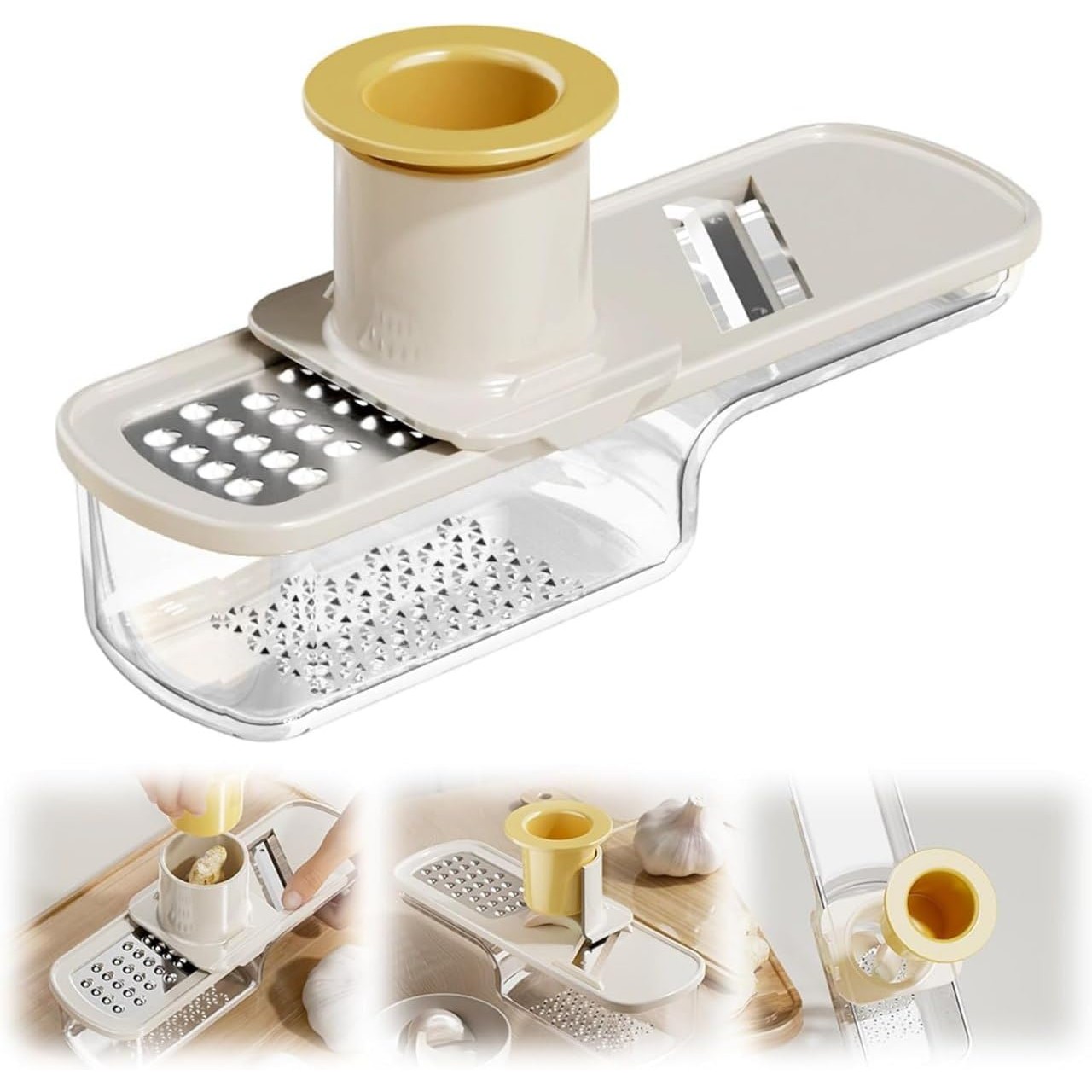 Razatoare Manuala, Flippy, cu Recipient de Stocare, pentru Legume, din Plastic si Otel Inoxidabil, Multifunctionala, Alb