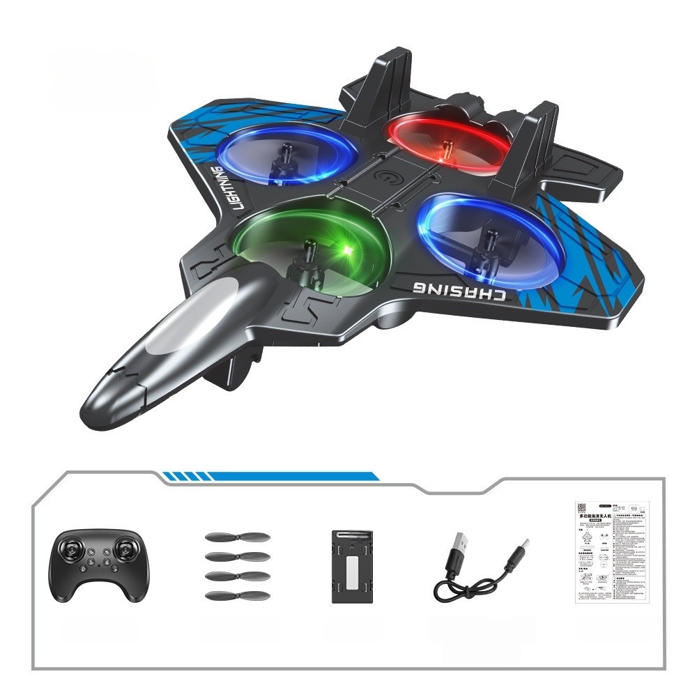 Jucarie Aeronava de Lupta, Flippy, Rezistent, Incarcare USB, cu Telecomanda, Lumini, Negru-Albastru