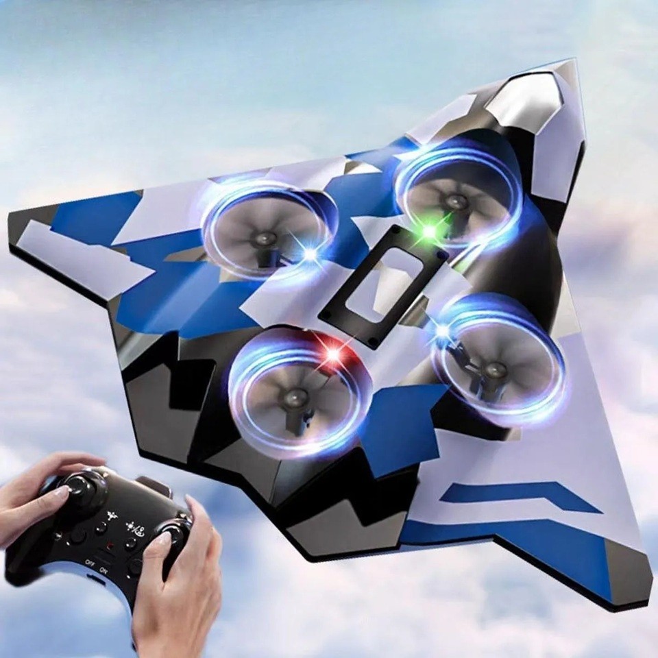 Jucarie Interactiva, Flippy, Aeronava de Lupta, din EVA, cu Telecomanda, Incarcare USB, +14 Ani, 24 x 25.5 x 4.2 cm, Model Army, Albastru