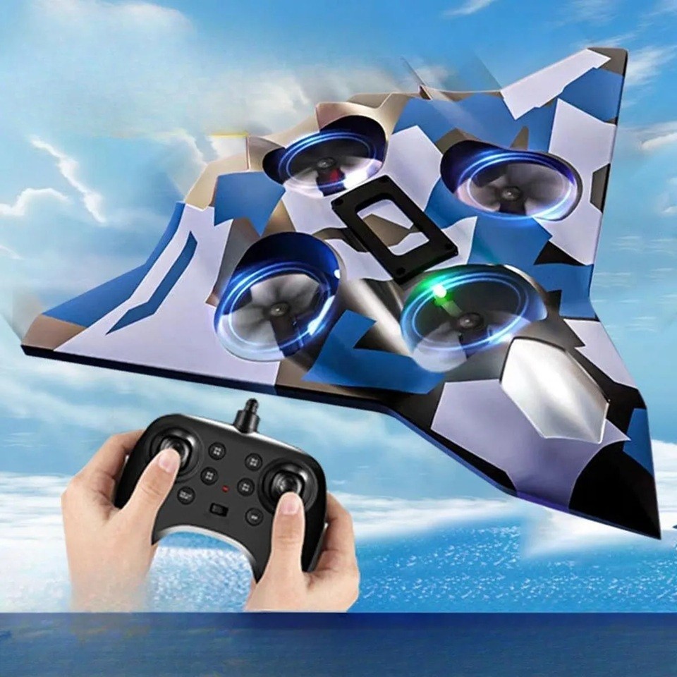 Jucarie Interactiva, Flippy, Aeronava de Lupta, din EVA, cu Telecomanda, Incarcare USB, +14 Ani, 24 x 25.5 x 4.2 cm, Model Army, Albastru