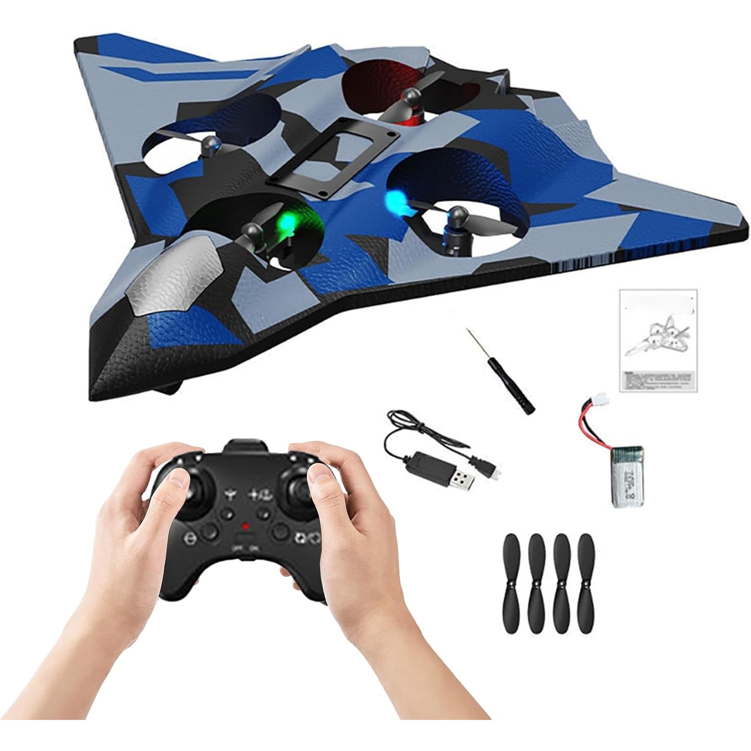 Jucarie Interactiva, Flippy, Aeronava de Lupta, din EVA, cu Telecomanda, Incarcare USB, +14 Ani, 24 x 25.5 x 4.2 cm, Model Army, Albastru