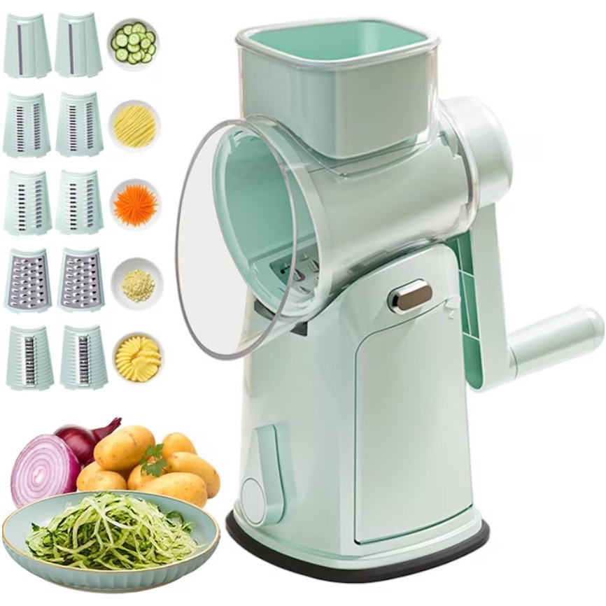 Razatoare Manuala, Flippy, Rotativa cu Manivela, 10 Lame Interschimbabile, Anti-Stropire, 27 x 13 x 13 cm, Turcoaz