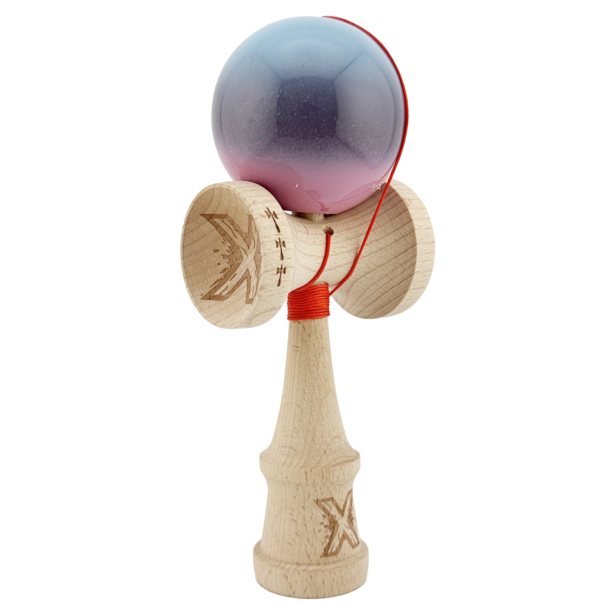 Kendama X Originala, Profesionala, Flippy, Big Cups V2, Super Sticky Cupe Mari, Rulment Metalic cu Ata 55 cm, Albastru Deschis/Mov/Roz