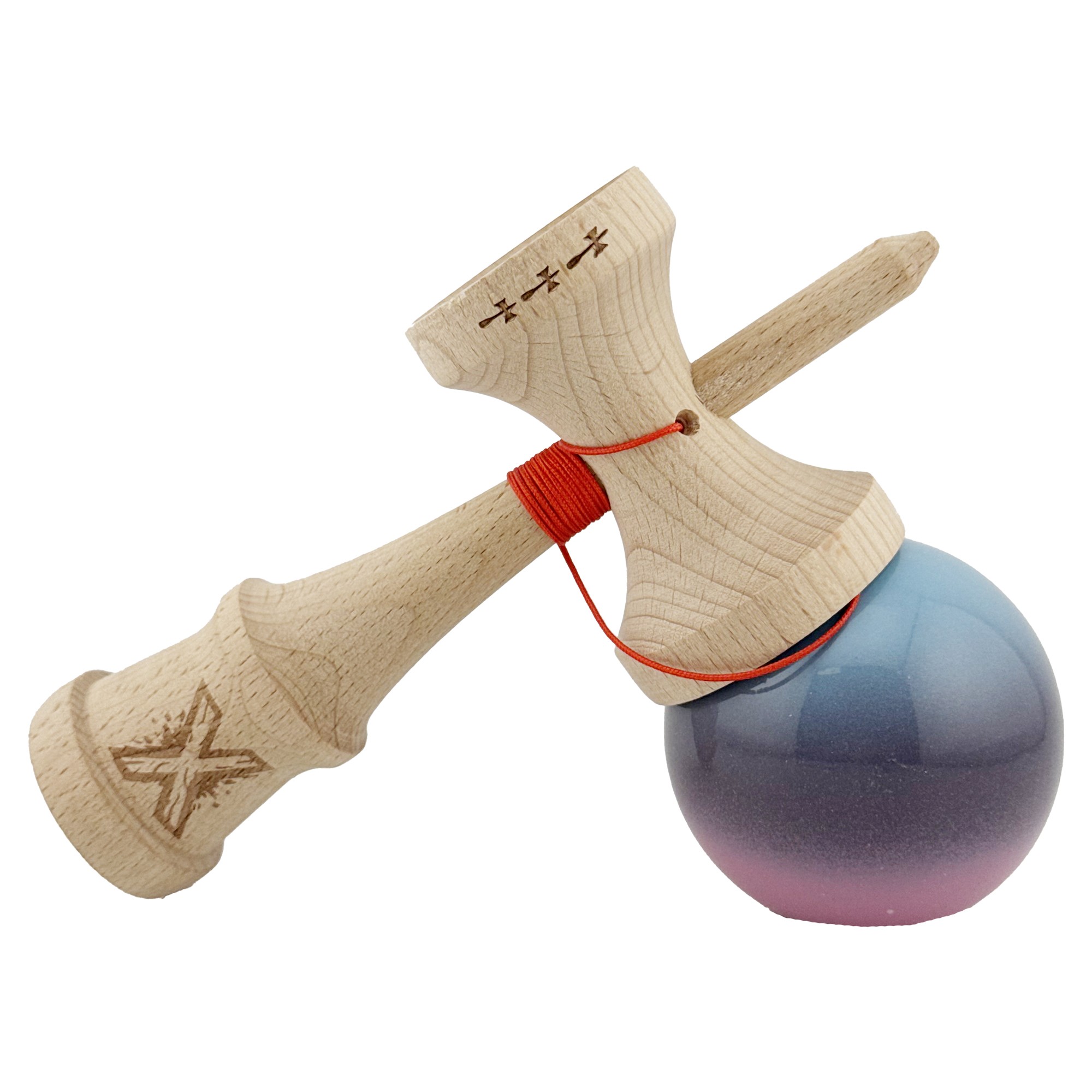 Kendama X Originala, Profesionala, Flippy, Big Cups V2, Super Sticky Cupe Mari, Rulment Metalic cu Ata 55 cm, Albastru Deschis/Mov/Roz