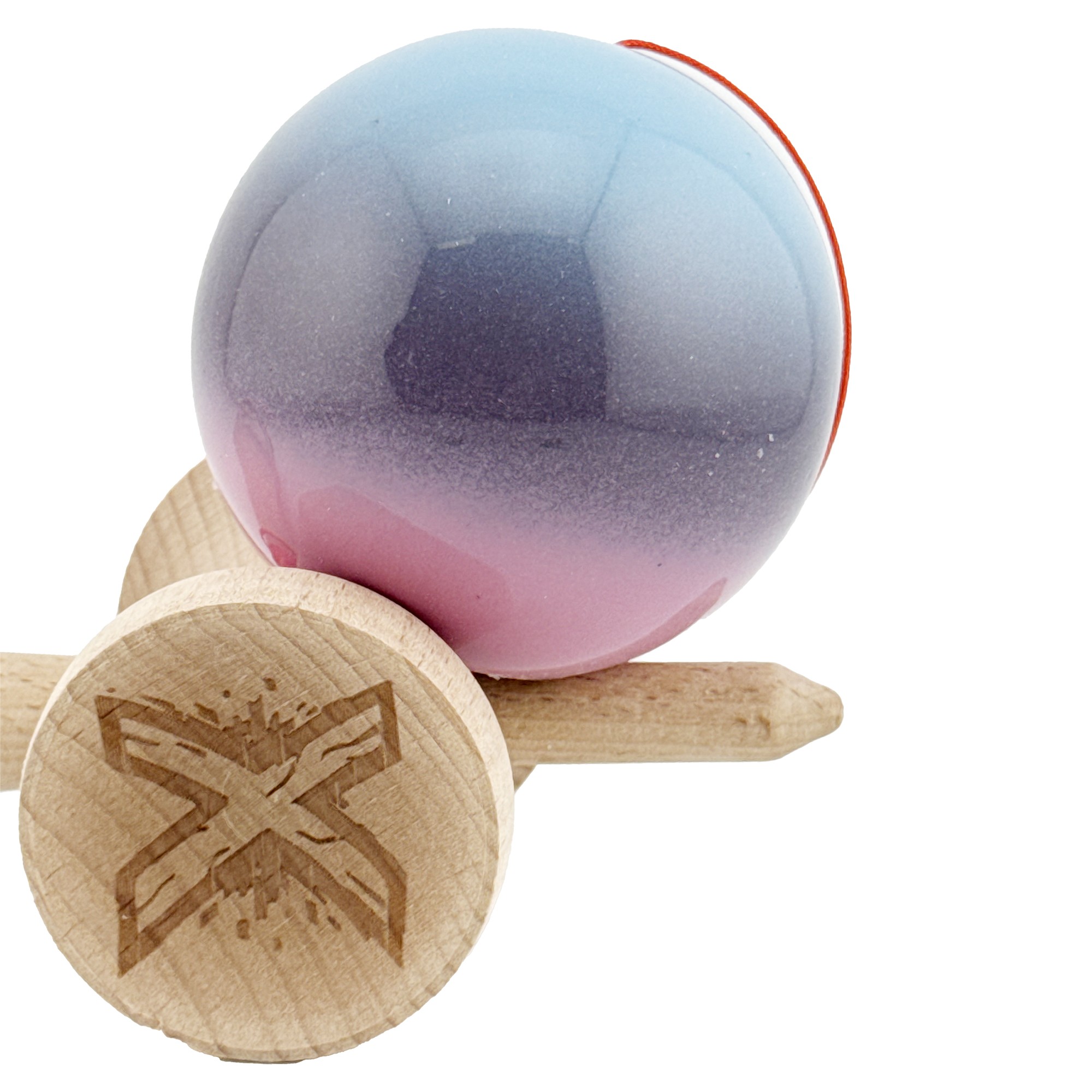 Kendama X Originala, Profesionala, Flippy, Big Cups V2, Super Sticky Cupe Mari, Rulment Metalic cu Ata 55 cm, Albastru Deschis/Mov/Roz