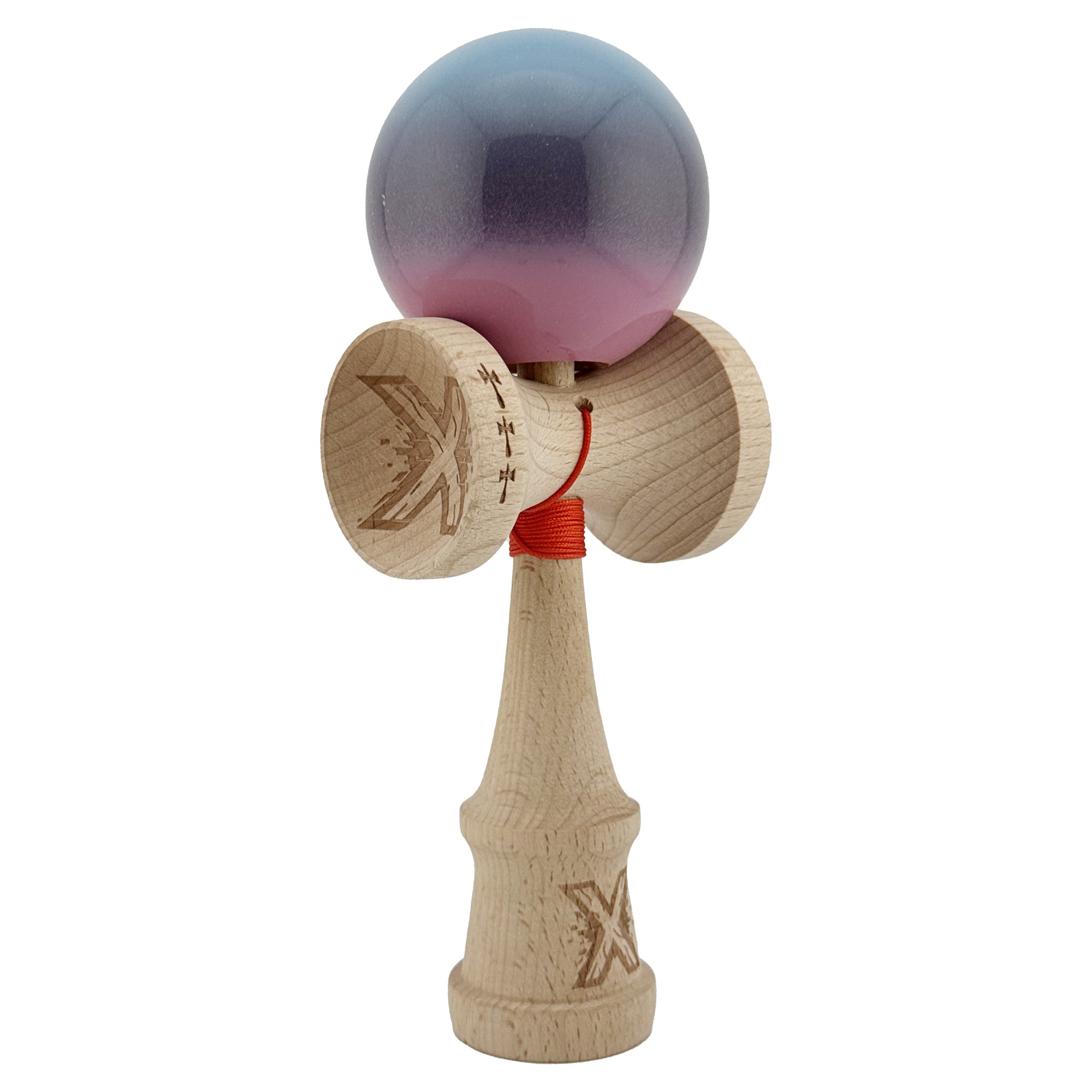 Kendama X Originala, Profesionala, Flippy, Big Cups V2, Super Sticky Cupe Mari, Rulment Metalic cu Ata 55 cm, Albastru Deschis/Mov/Roz