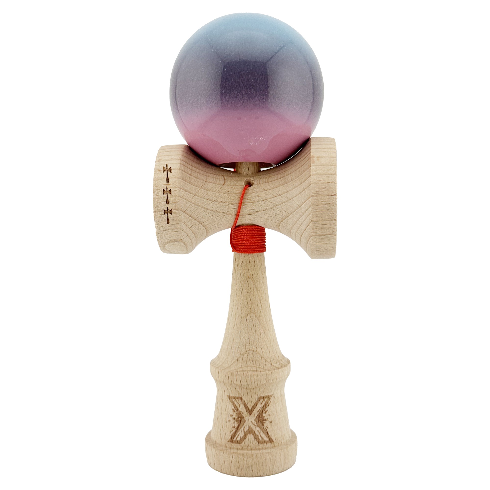 Kendama X Originala, Profesionala, Flippy, Big Cups V2, Super Sticky Cupe Mari, Rulment Metalic cu Ata 55 cm, Albastru Deschis/Mov/Roz