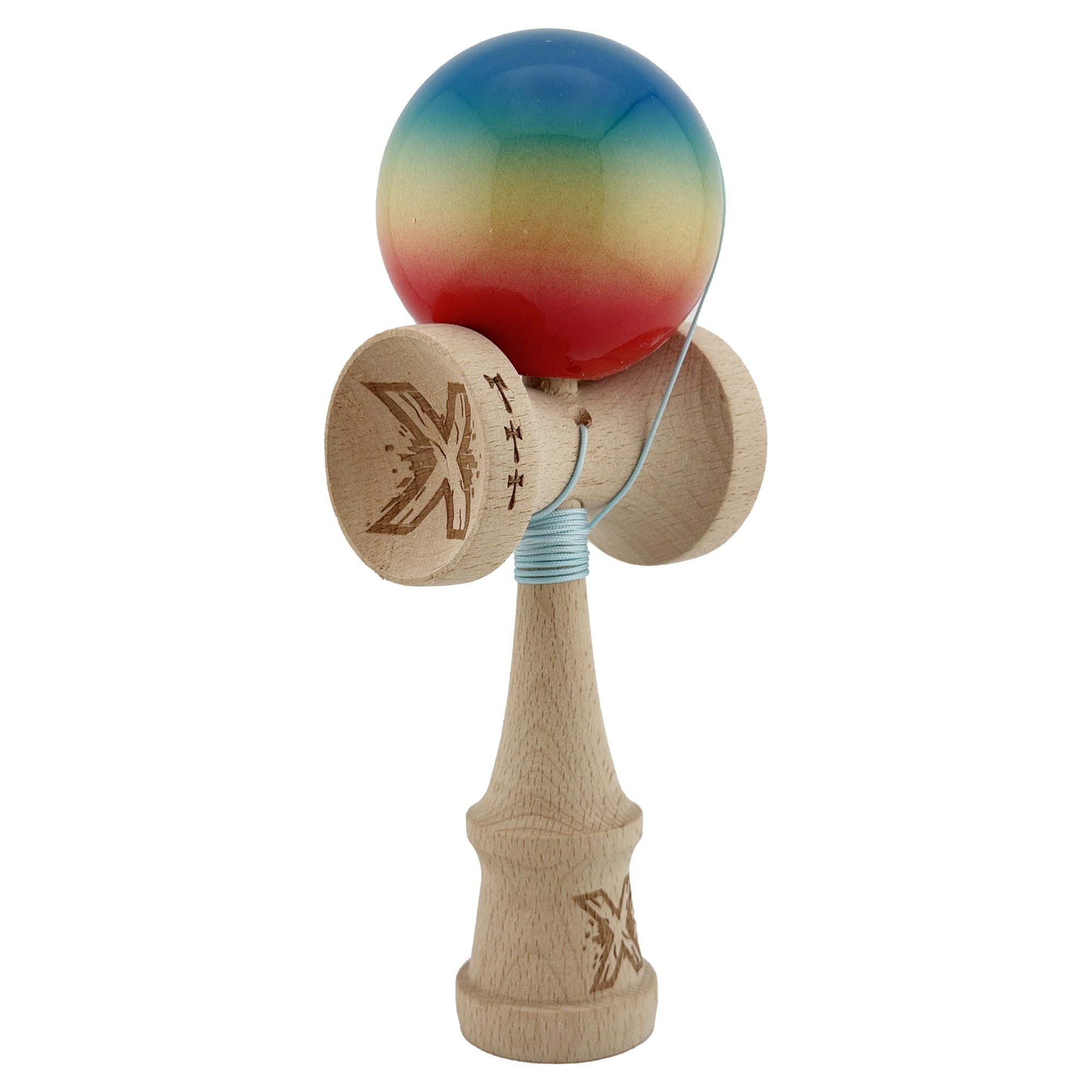 Kendama X Originala, Profesionala, Flippy, Big Cups V2, Super Sticky Cupe Mari, Rulment Metalic cu Ata 55 cm, Rosu/Galben/Albastru