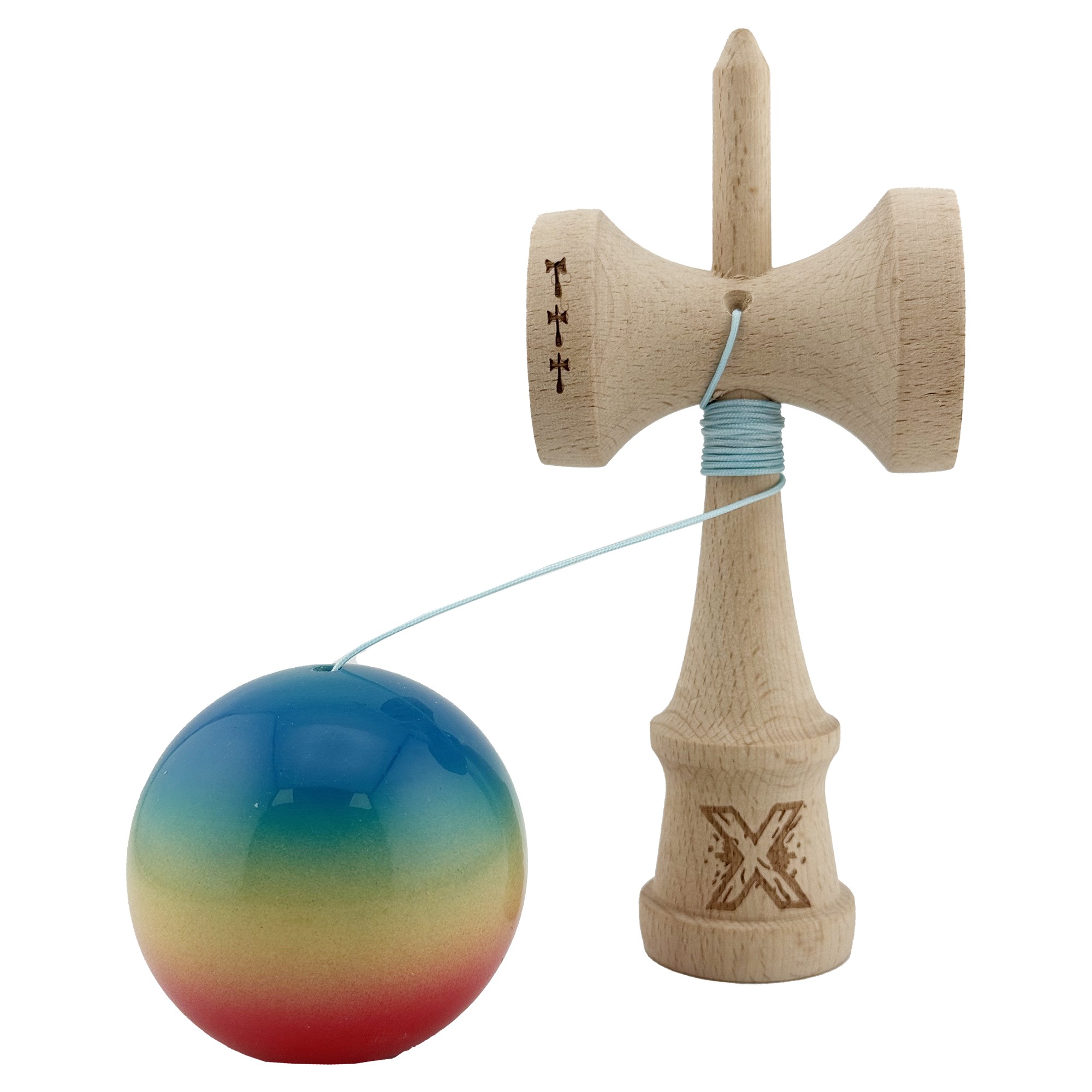 Kendama X Originala, Profesionala, Flippy, Big Cups V2, Super Sticky Cupe Mari, Rulment Metalic cu Ata 55 cm, Rosu/Galben/Albastru