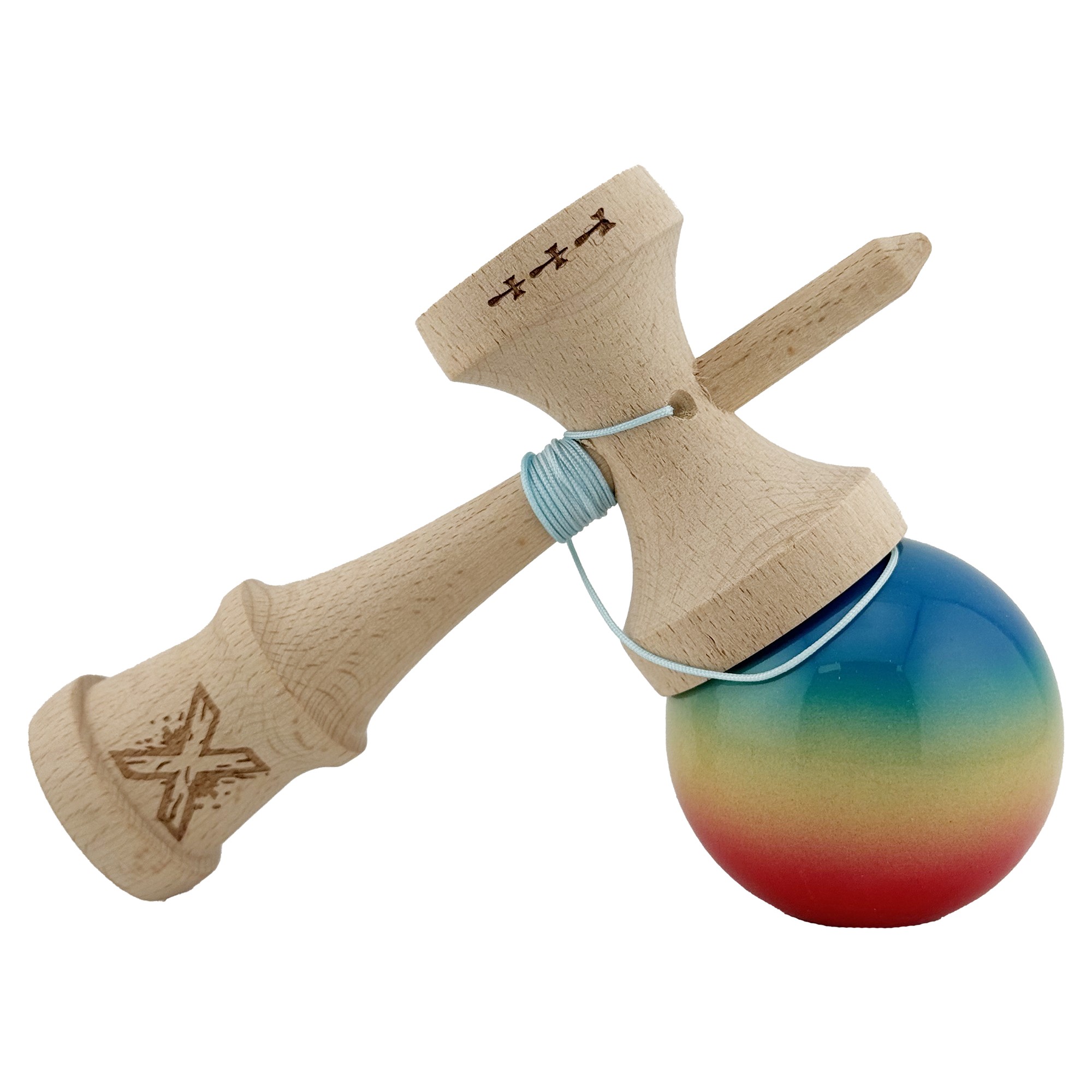 Kendama X Originala, Profesionala, Flippy, Big Cups V2, Super Sticky Cupe Mari, Rulment Metalic cu Ata 55 cm, Rosu/Galben/Albastru