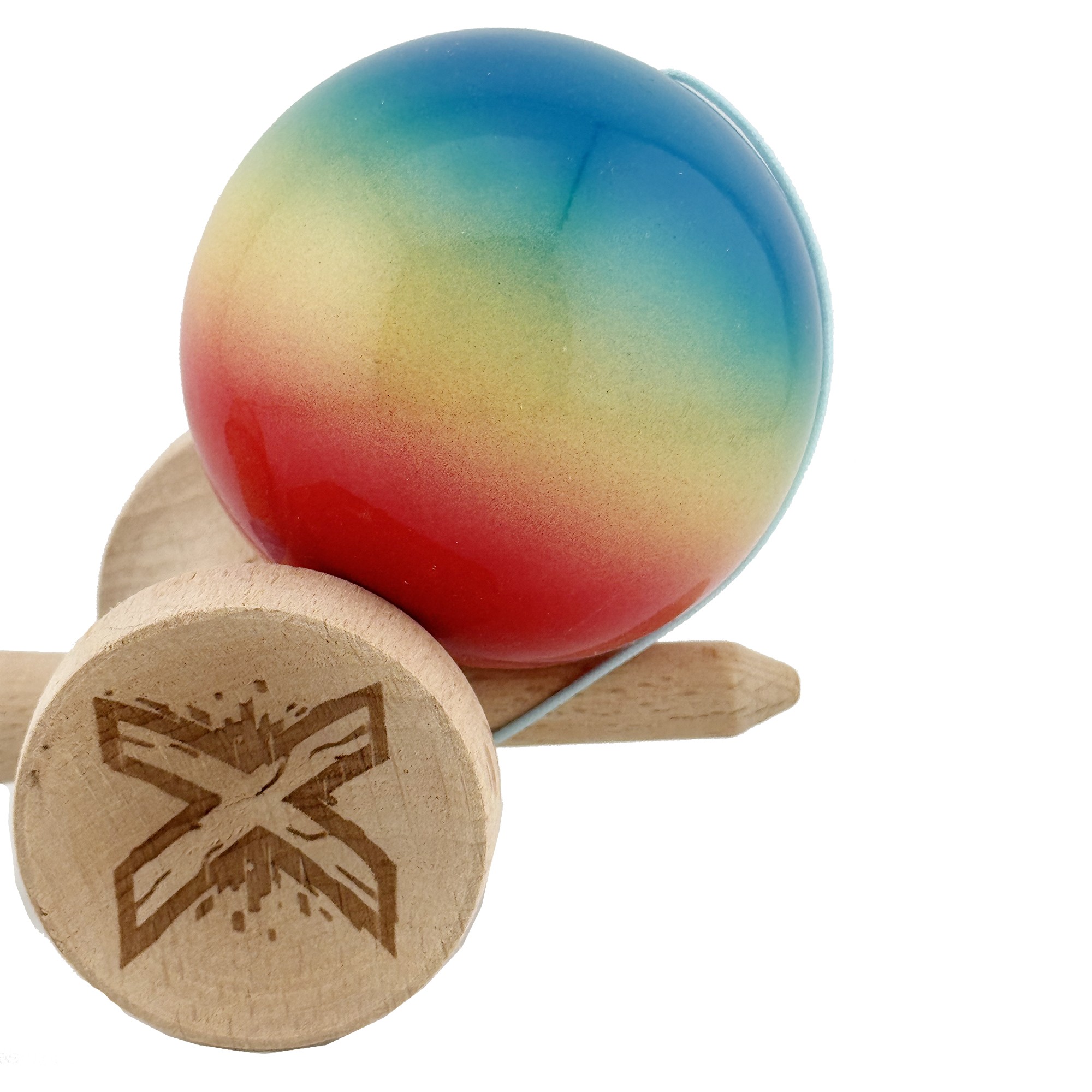 Kendama X Originala, Profesionala, Flippy, Big Cups V2, Super Sticky Cupe Mari, Rulment Metalic cu Ata 55 cm, Rosu/Galben/Albastru