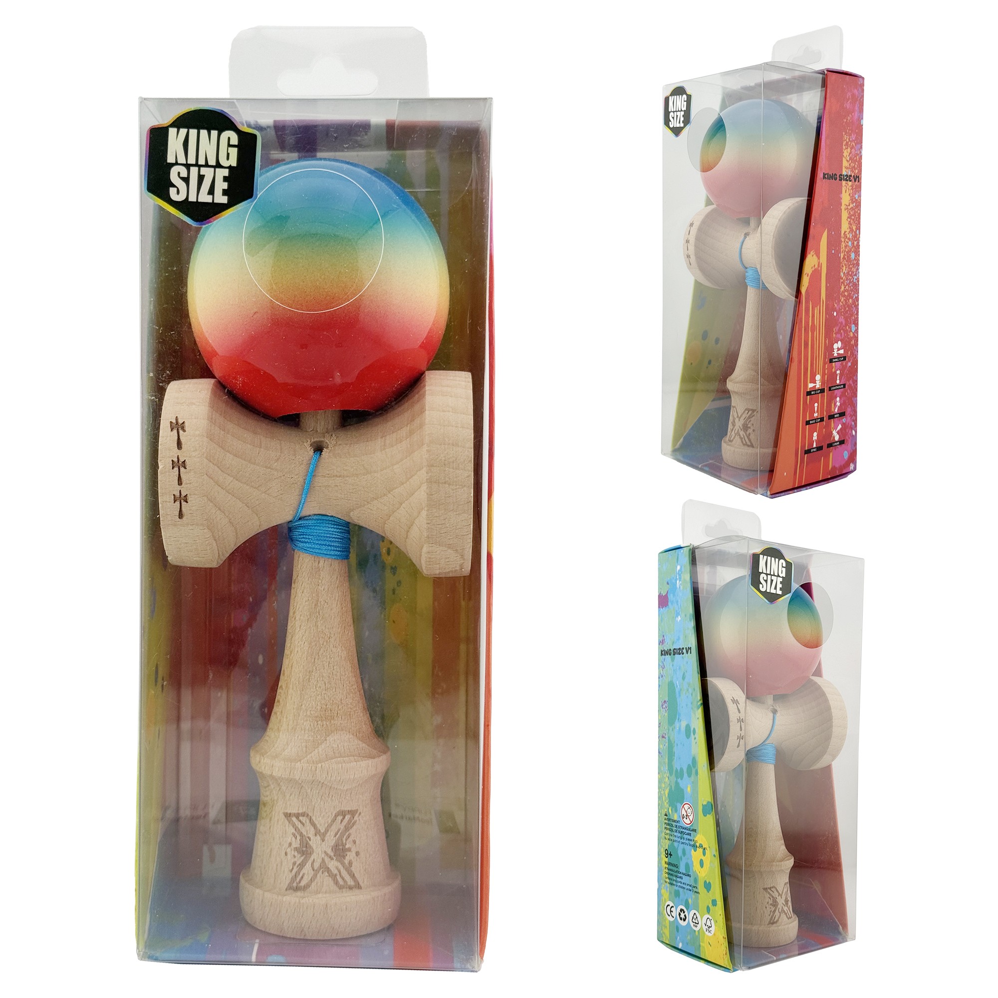 Kendama X Originala, Profesionala, Flippy, Big Cups V2, Super Sticky Cupe Mari, Rulment Metalic cu Ata 55 cm, Rosu/Galben/Albastru