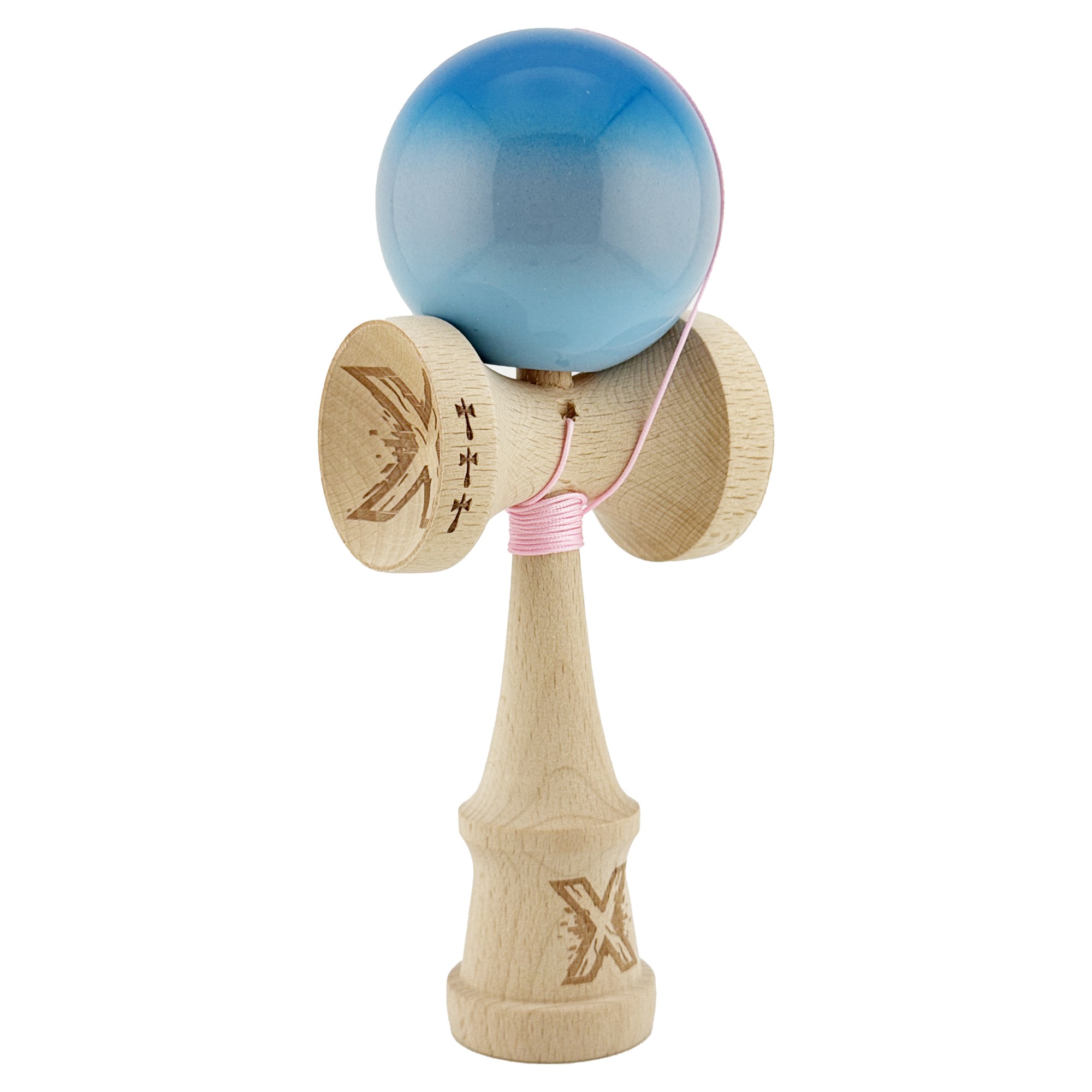 Kendama X Originala, Profesionala, Flippy, Big Cups V2, Super Sticky Cupe Mari, Rulment Metalic cu Ata 55 cm, Albastru/Gri/Bleu