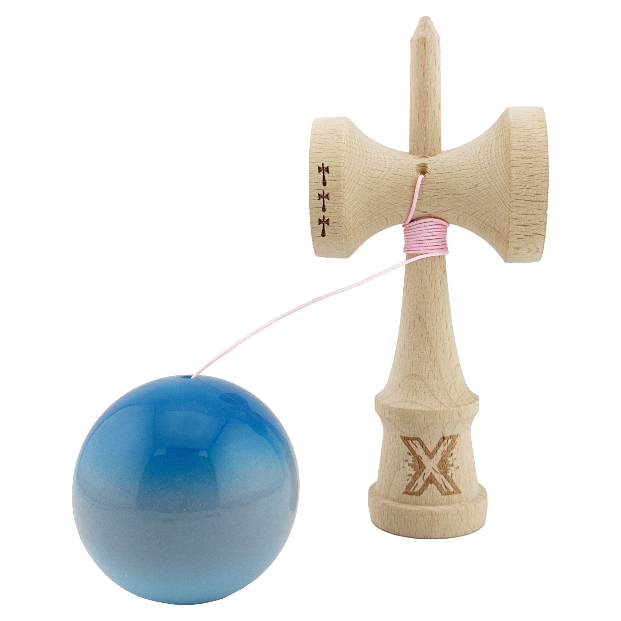 Kendama X Originala, Profesionala, Flippy, Big Cups V2, Super Sticky Cupe Mari, Rulment Metalic cu Ata 55 cm, Albastru/Gri/Bleu