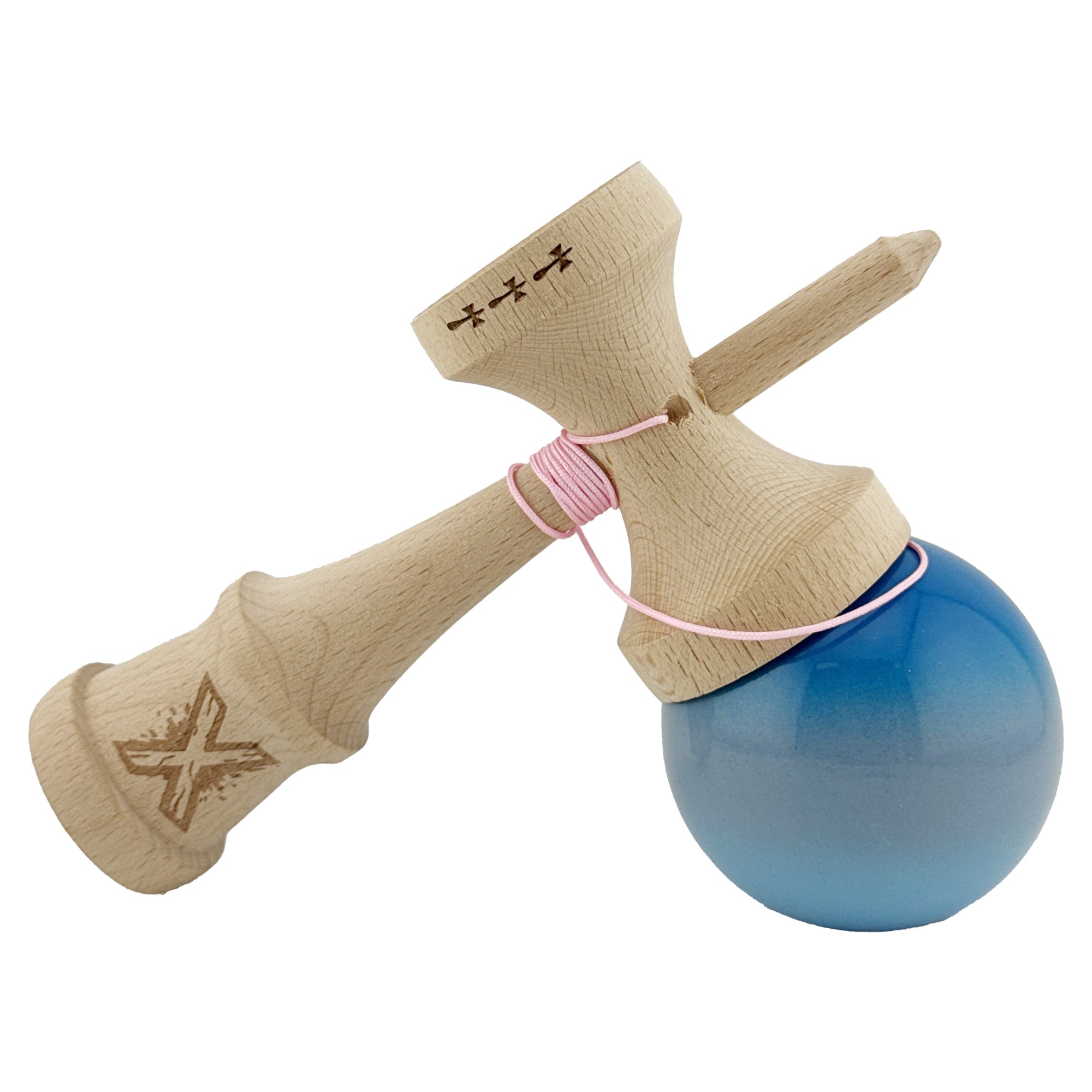 Kendama X Originala, Profesionala, Flippy, Big Cups V2, Super Sticky Cupe Mari, Rulment Metalic cu Ata 55 cm, Albastru/Gri/Bleu