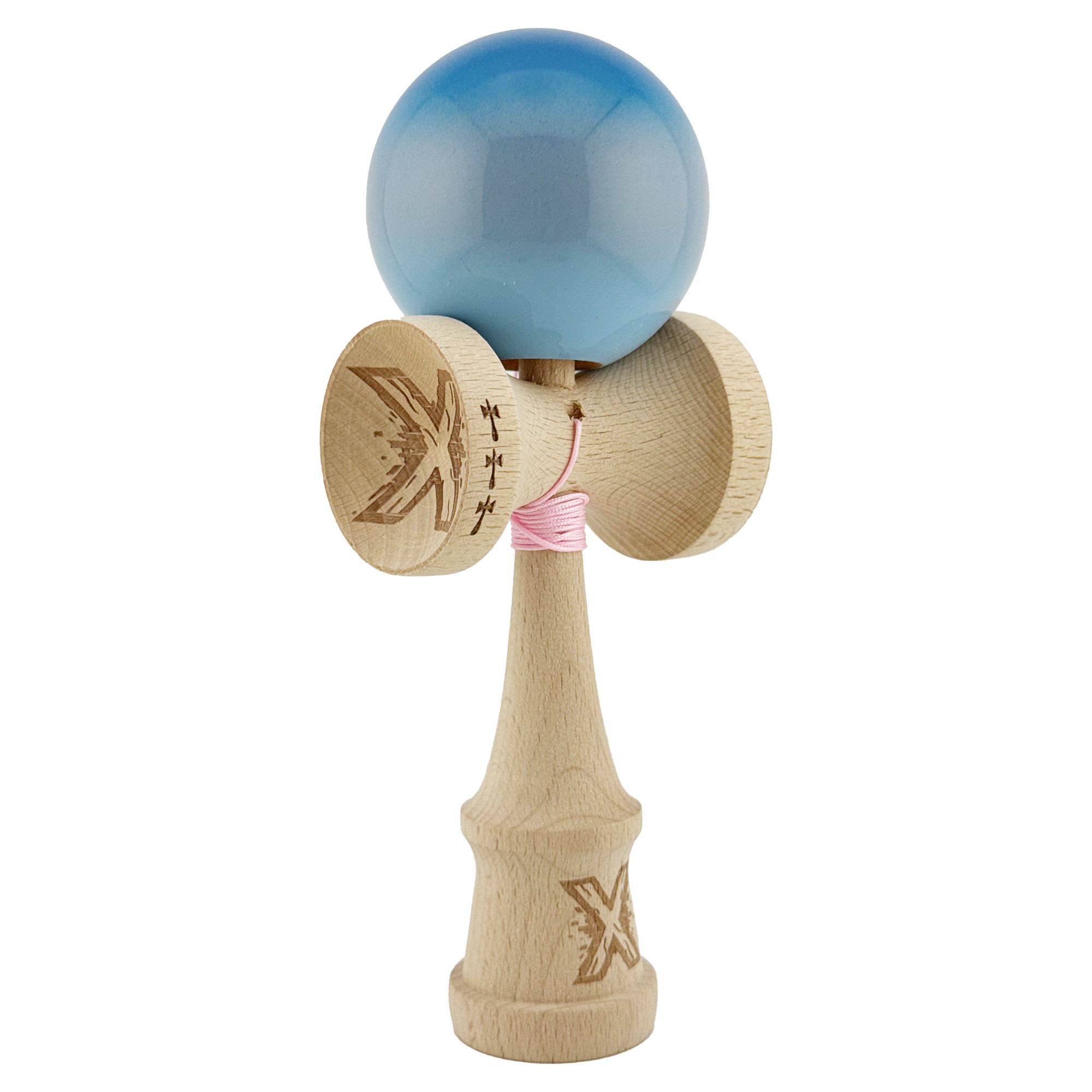 Kendama X Originala, Profesionala, Flippy, Big Cups V2, Super Sticky Cupe Mari, Rulment Metalic cu Ata 55 cm, Albastru/Gri/Bleu