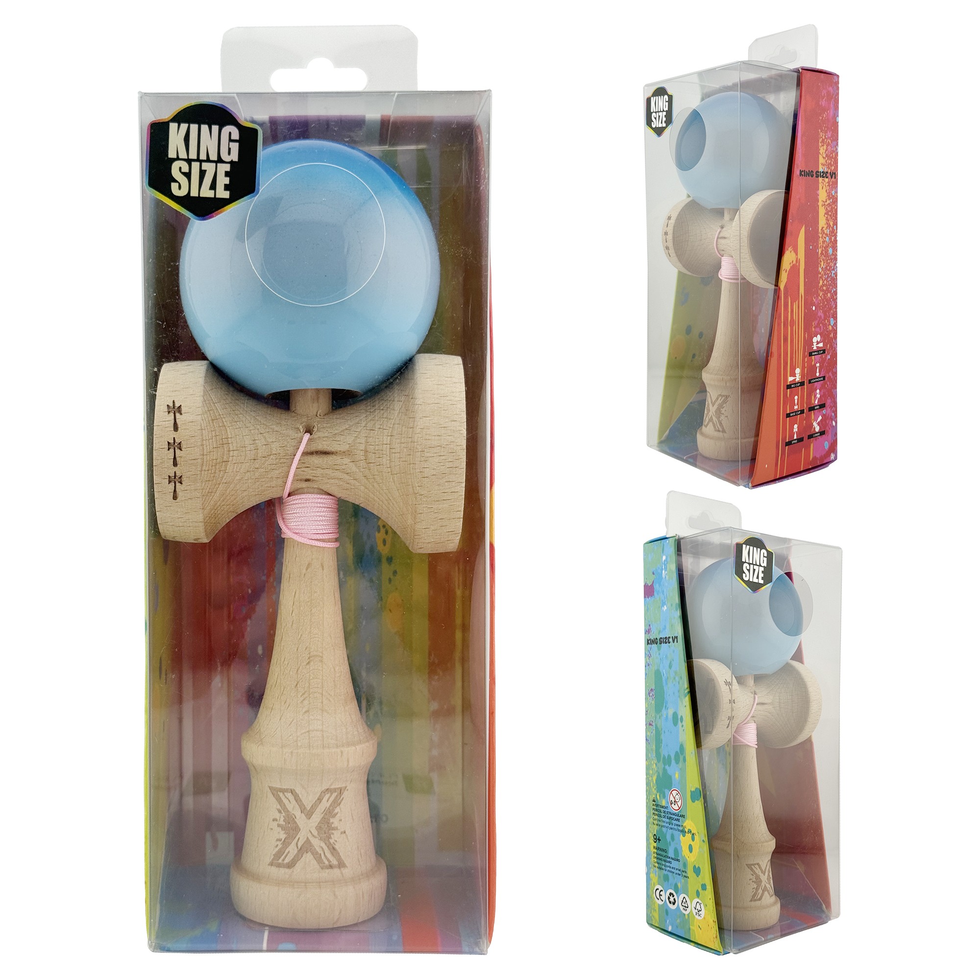 Kendama X Originala, Profesionala, Flippy, Big Cups V2, Super Sticky Cupe Mari, Rulment Metalic cu Ata 55 cm, Albastru/Gri/Bleu