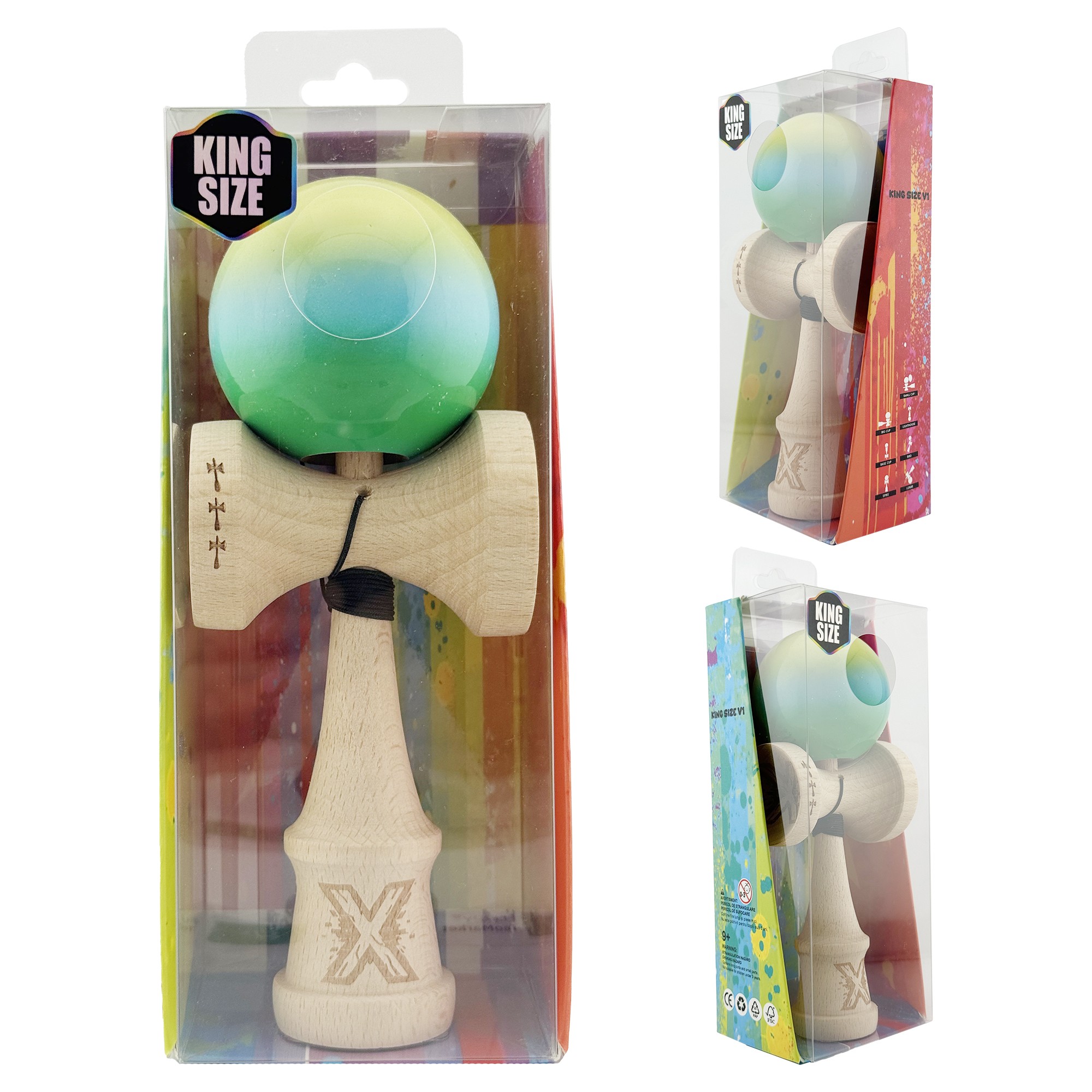Kendama X Originala, Profesionala, Flippy, Big Cups V2, Super Sticky Cupe Mari, Rulment Metalic cu Ata 55 cm, Galben/Albastru deschis/Verde