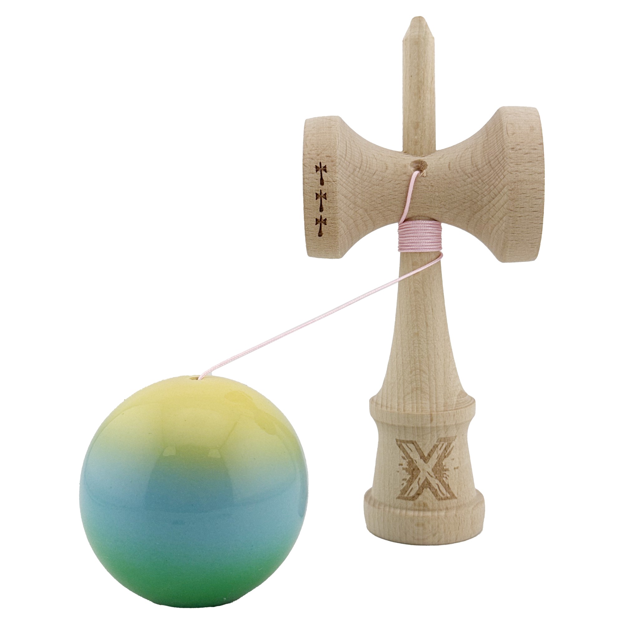 Kendama X Originala, Profesionala, Flippy, Big Cups V2, Super Sticky Cupe Mari, Rulment Metalic cu Ata 55 cm, Galben/Albastru deschis/Verde