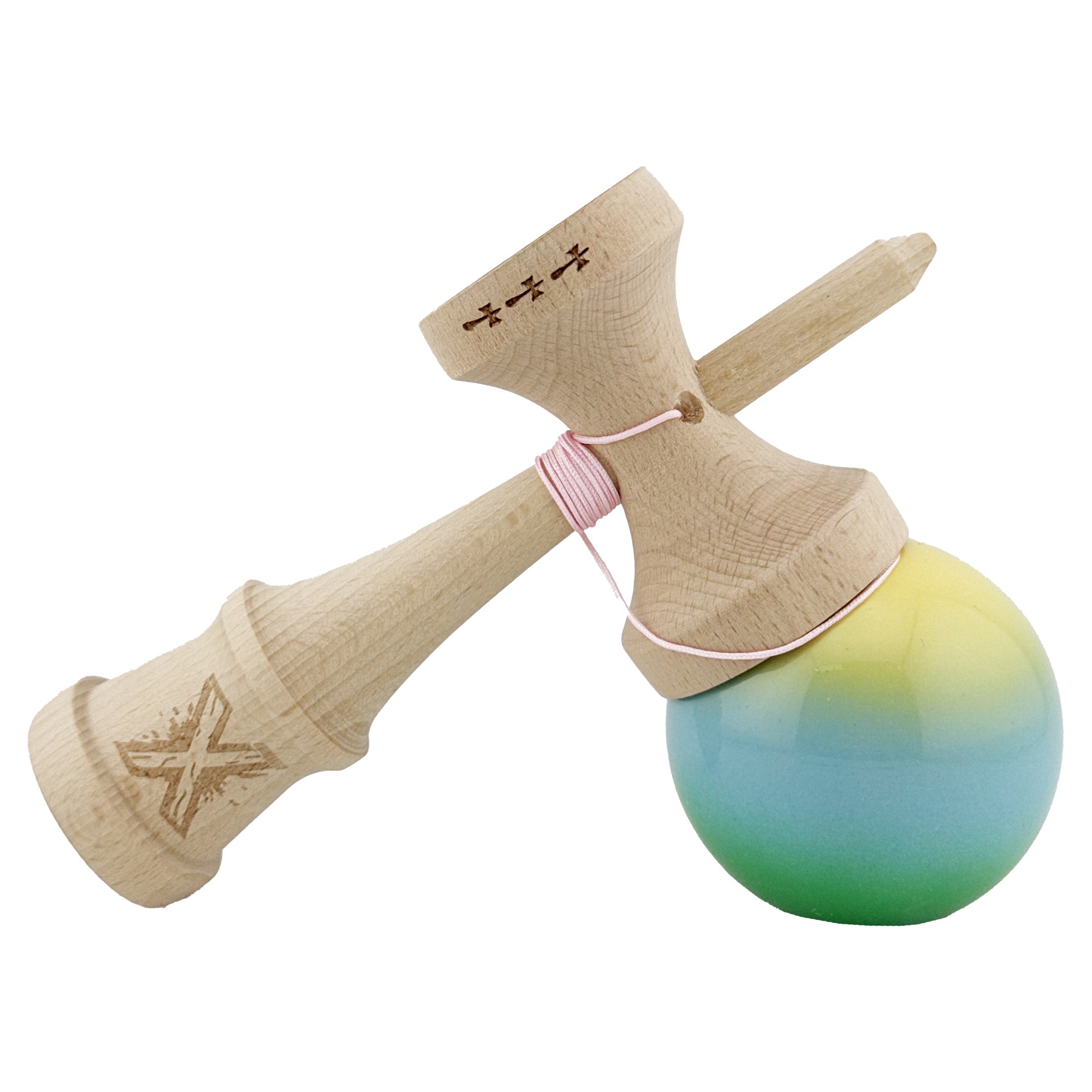 Kendama X Originala, Profesionala, Flippy, Big Cups V2, Super Sticky Cupe Mari, Rulment Metalic cu Ata 55 cm, Galben/Albastru deschis/Verde