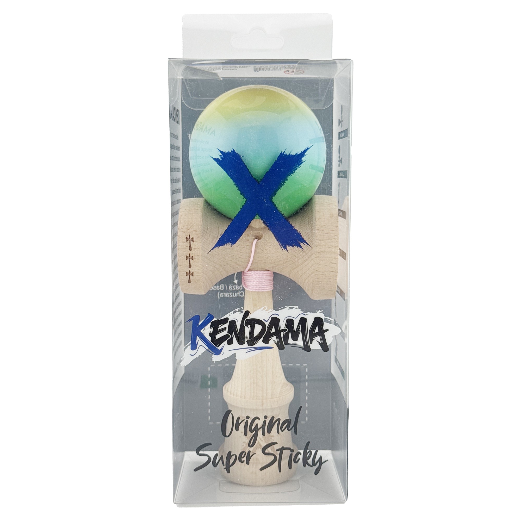 Kendama X Originala, Profesionala, Flippy, Big Cups V2, Super Sticky Cupe Mari, Rulment Metalic cu Ata 55 cm, Galben/Albastru deschis/Verde