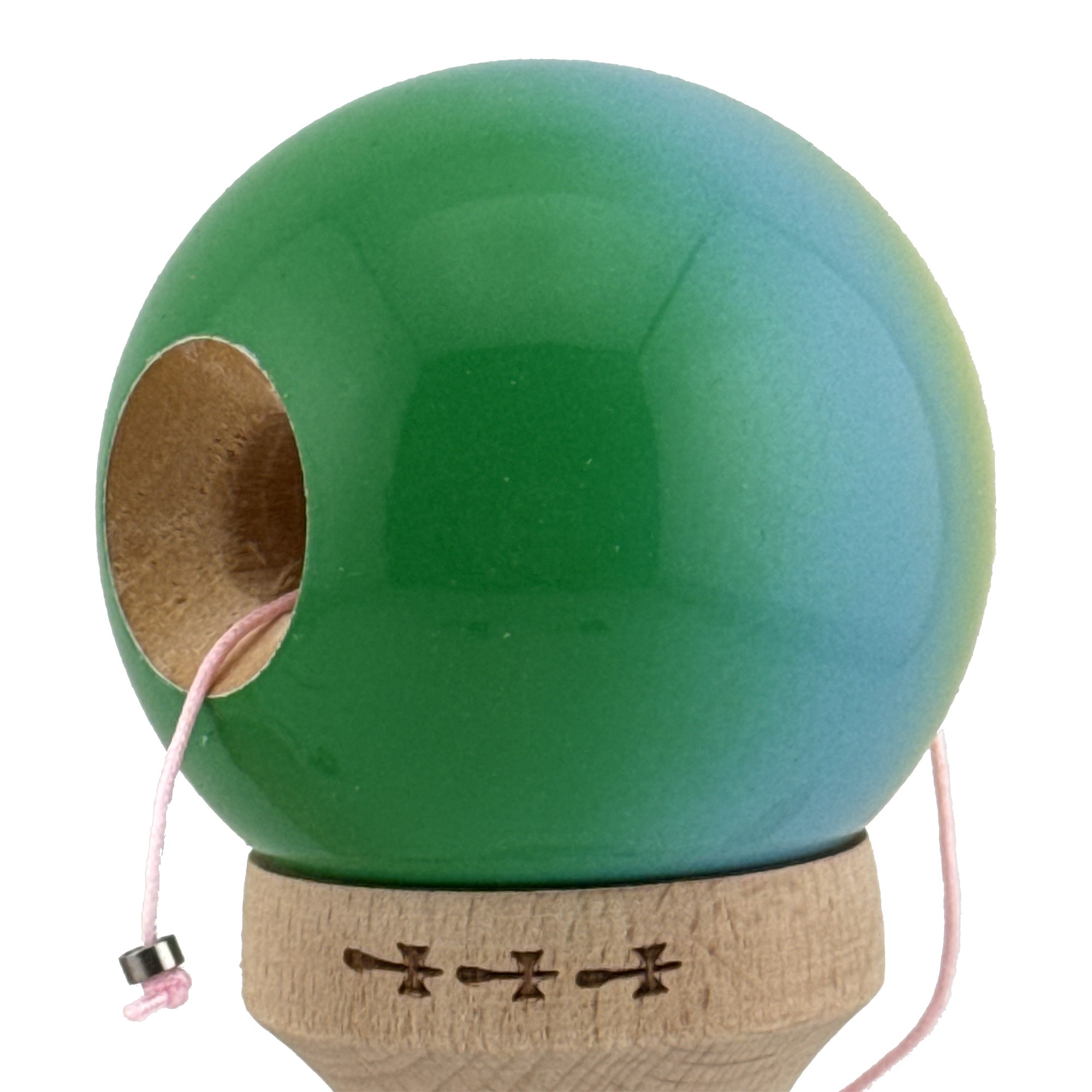 Kendama X Originala, Profesionala, Flippy, Big Cups V2, Super Sticky Cupe Mari, Rulment Metalic cu Ata 55 cm, Galben/Albastru deschis/Verde