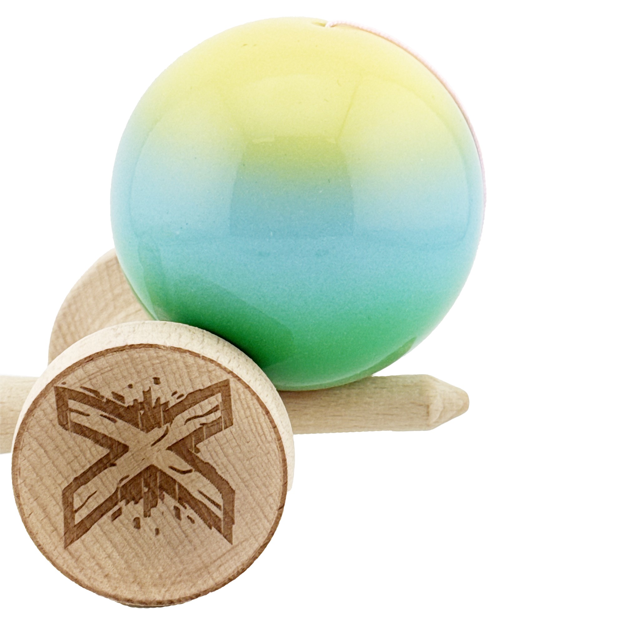 Kendama X Originala, Profesionala, Flippy, Big Cups V2, Super Sticky Cupe Mari, Rulment Metalic cu Ata 55 cm, Galben/Albastru deschis/Verde