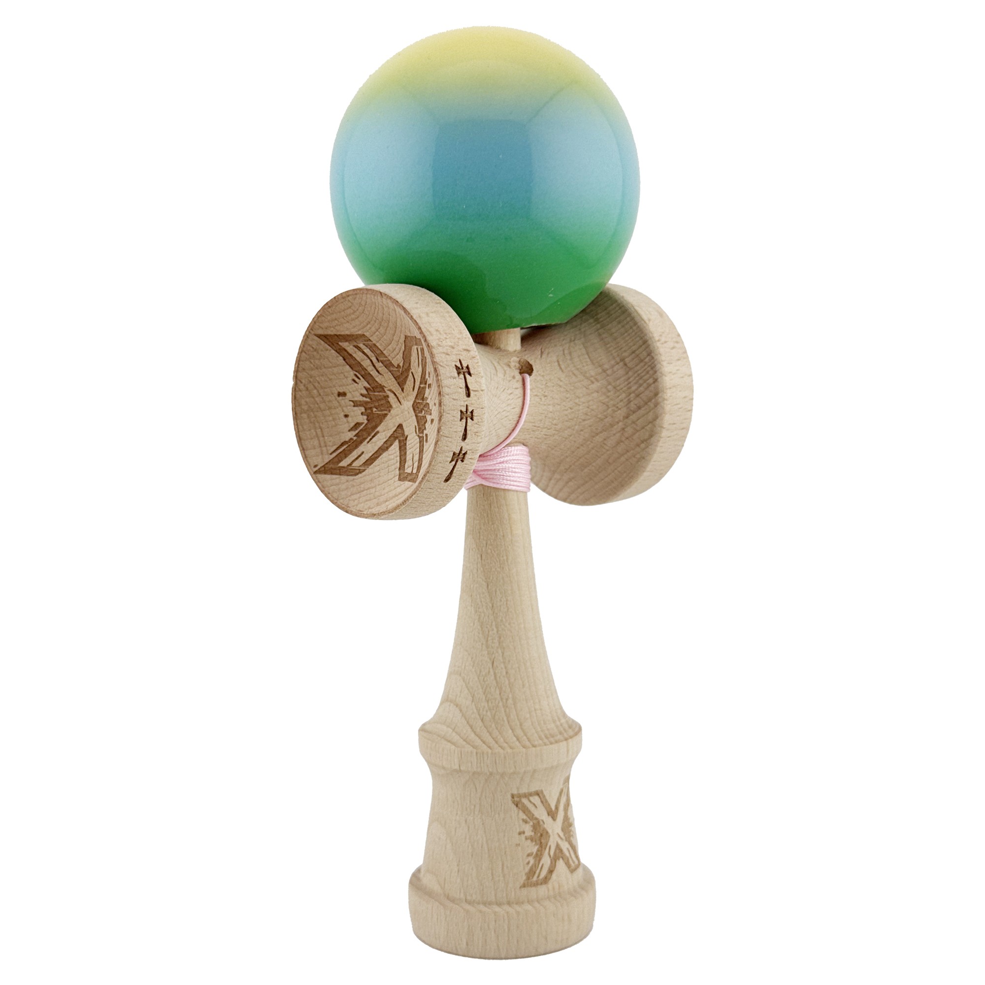 Kendama X Originala, Profesionala, Flippy, Big Cups V2, Super Sticky Cupe Mari, Rulment Metalic cu Ata 55 cm, Galben/Albastru deschis/Verde