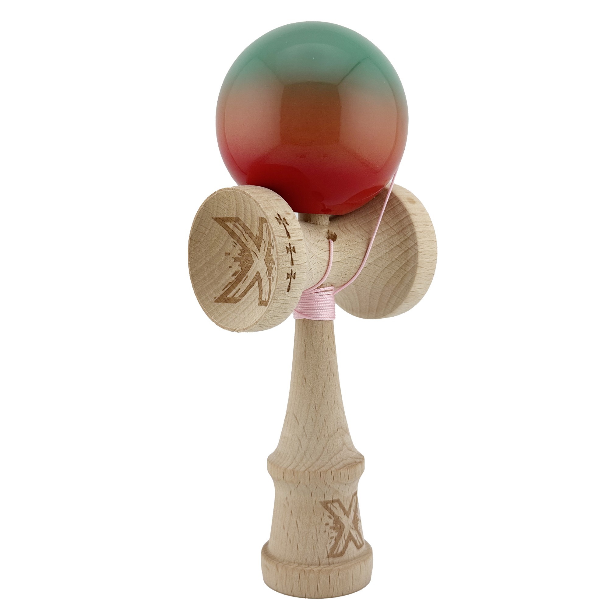 Kendama X Originala, Profesionala, Flippy, Big Cups V2, Super Sticky Cupe Mari, Rulment Metalic cu Ata 55 cm, Rosu/Verde